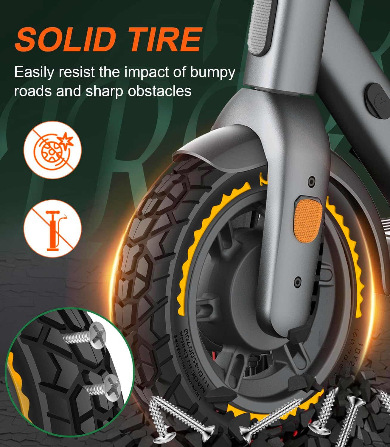 60/70-6.5 Solid Rubber Tyres 10 X 2.5 Solid Tyres for Ninebot Max G30/G30 D2/Odys Neo E100/Ducati Pro 2 Electric Scooter 10 Inch Front or Rear Honeycomb Tyres Non-Slip Puncture Proof (Yellow) image number 1