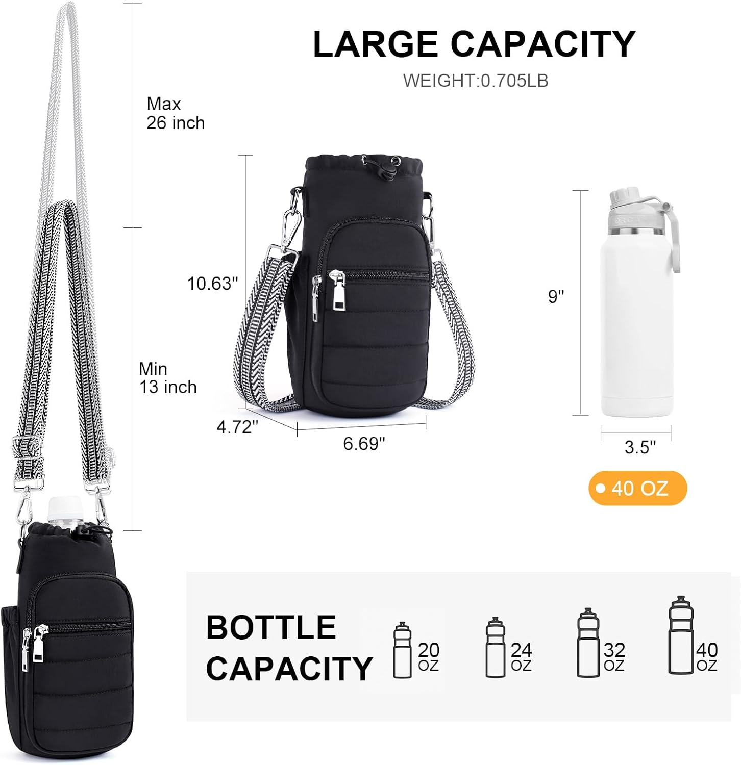 Lexiyat Water Bottle Bag 40 Oz Crossbody Holder for Walking Hiking Insulated Carrier Purse with Adjustable Strap - Black- image number 5