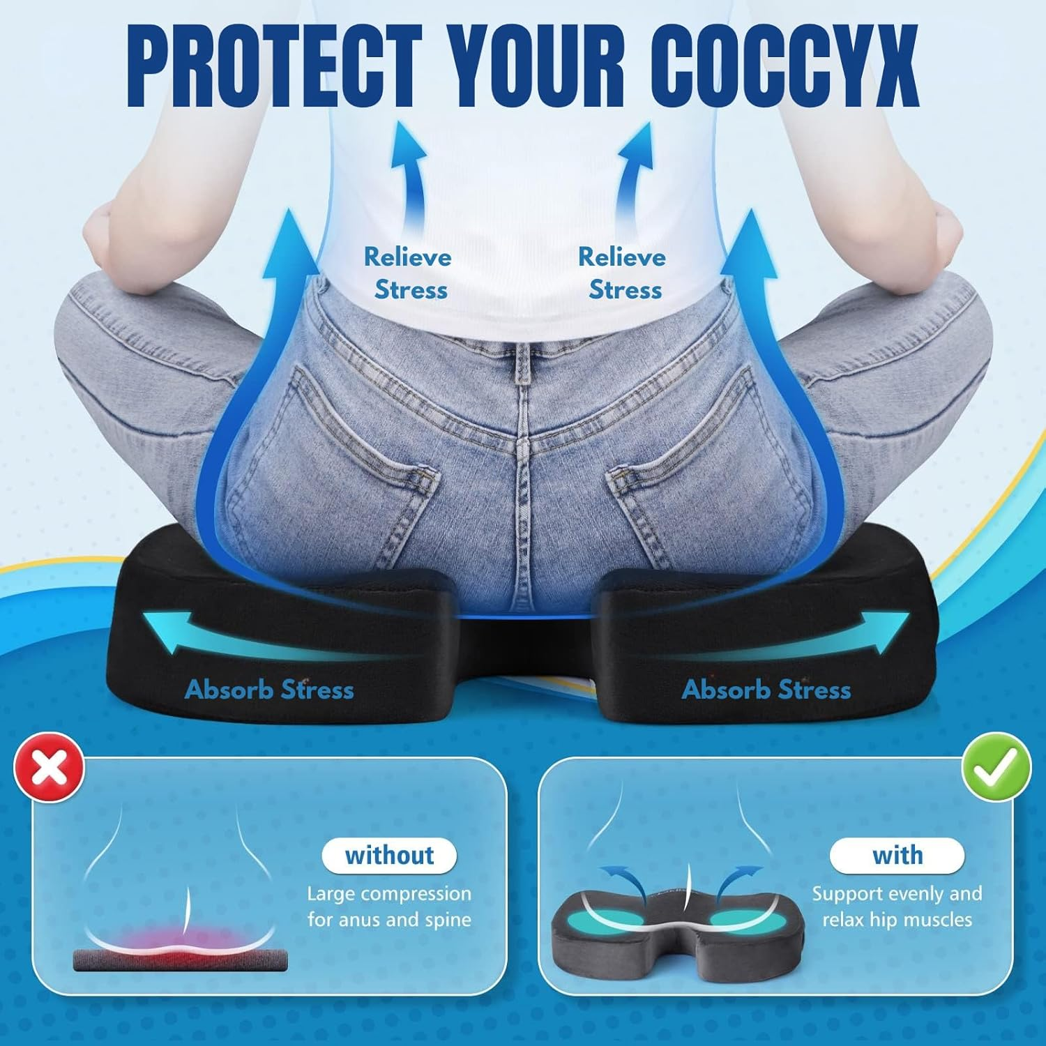 Seat Cushion for Office Chair, JOMWEN Memory Foam Non-Slip Cushion for Back Coccyx Tailbone Pain Relief, Butt Pillow for Office Chair, Car, Airplane, Black image number 3