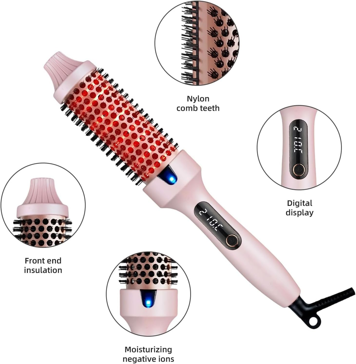 Infrared Heated round Brush 1.5Inch Ionic Thermal Hair Curler Combs for Dry Hair Curling Volumizing LED Display Smooth Styling Ceramic Brush image number 3