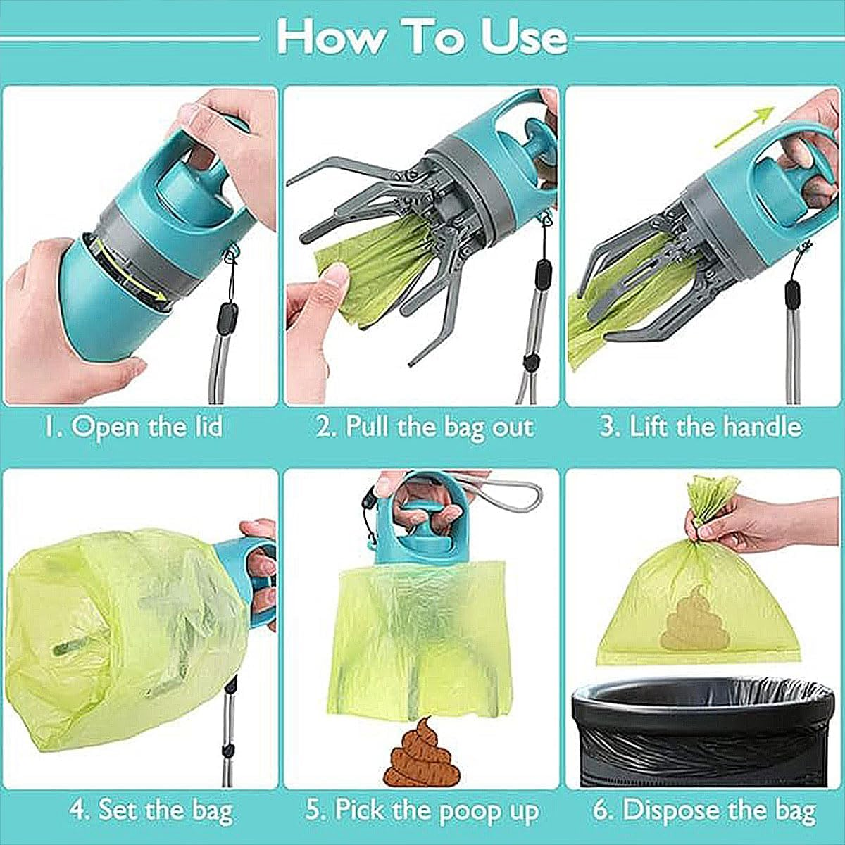 AIMALL Portable Dog Poop Picker with Six-Claw Shovel, 7.48In Excrement Clip and Garbage Bag Dispenser, Ergonomic Pet Waste Scoop for Outdoor Use image number 3