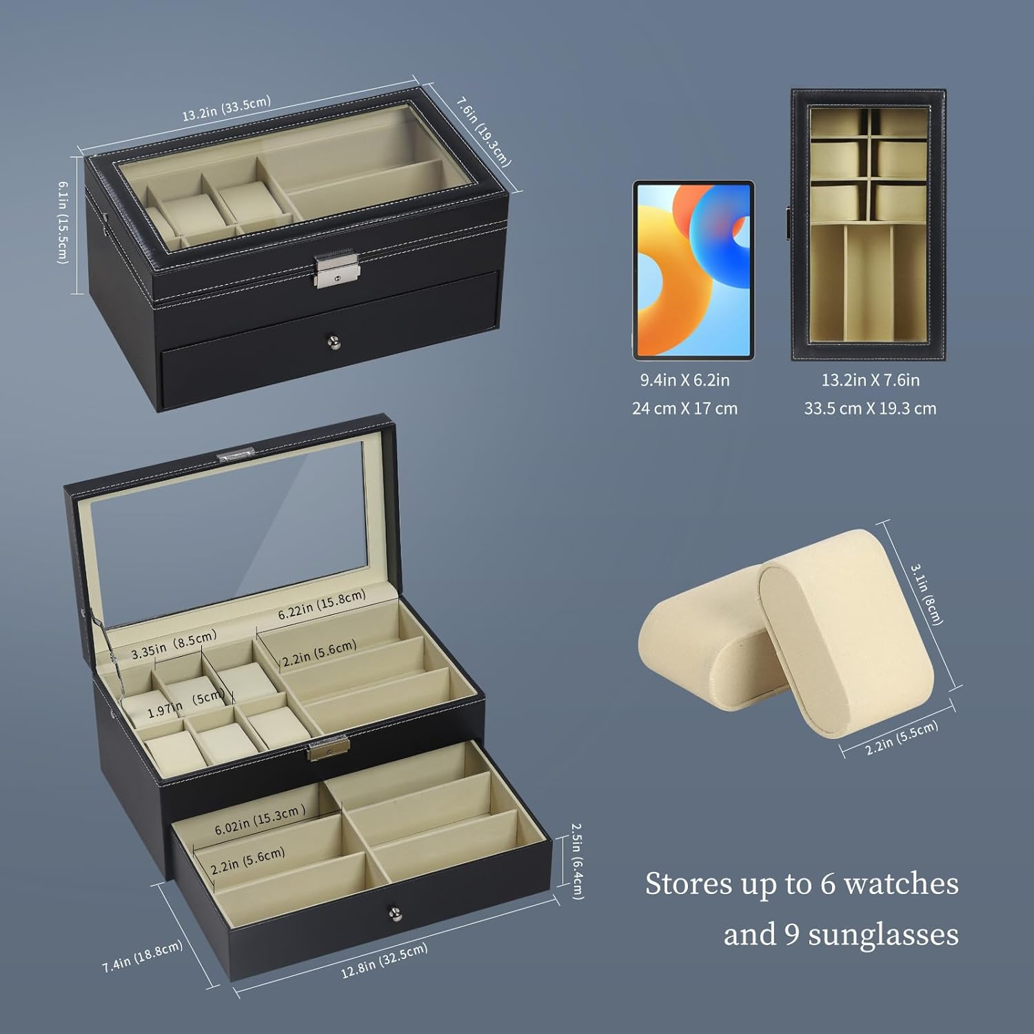 AUTOARK Leather 6 Watch Box Jewelry Case and 9 Piece Eyeglasses Storage and Sunglass Glasses Display Drawer Lockable Case Organizer,Black,Aw-048 image number 2