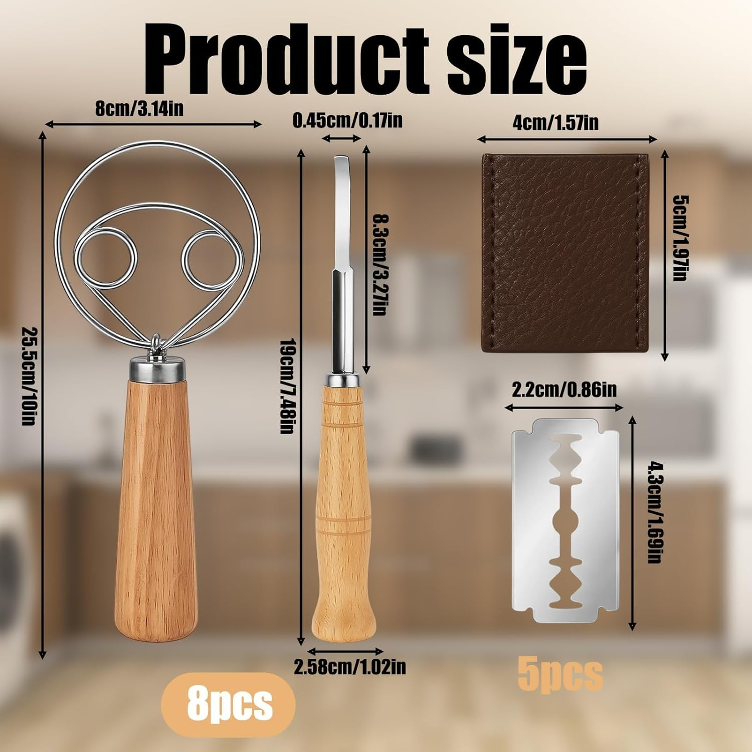 Dough Whisk, Danish Dough Whisk with 5 Blade Bread Lame and Leather Case, Medium Dual Loop Mixer for Sourdough, Cake Batter, Thick Dough, Baking Essentials Kit image number 1