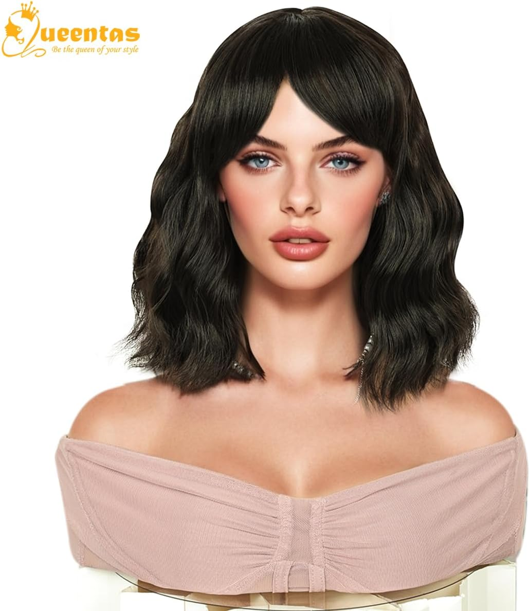 QUEENTAS Short Bob Black Brown Wigs for Women Shoulder Length with Bangs Wavy Wig Synthetic Hair Wig image number 2