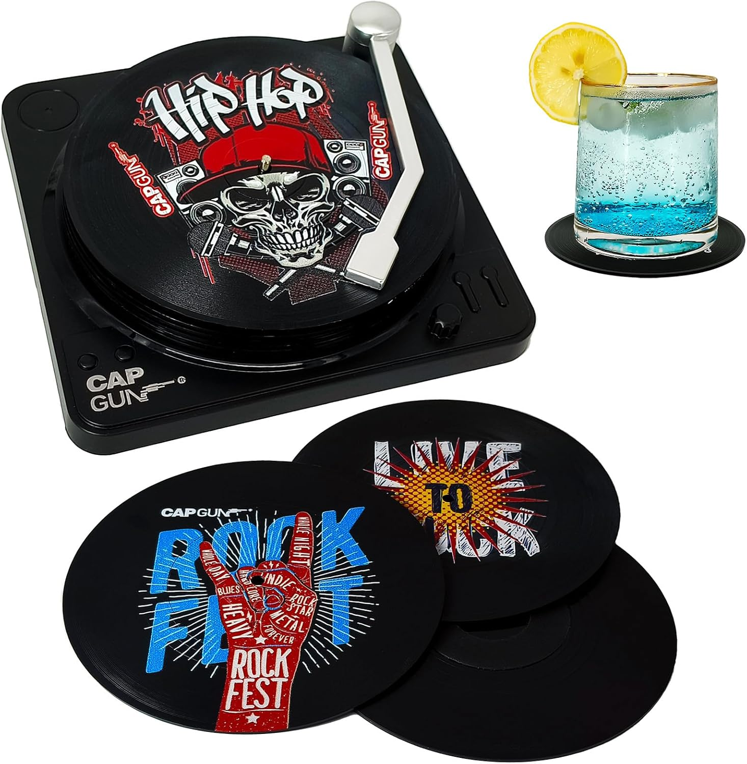 Funny Retro Record Coasters with Vinyl Player, Set of 6 Pcs Music Saying Drink Coasters, Bars, Party, Birthday, Housewarming Hostess, White Elephant Gifts Ideas, Funny Gifts for Music Lover