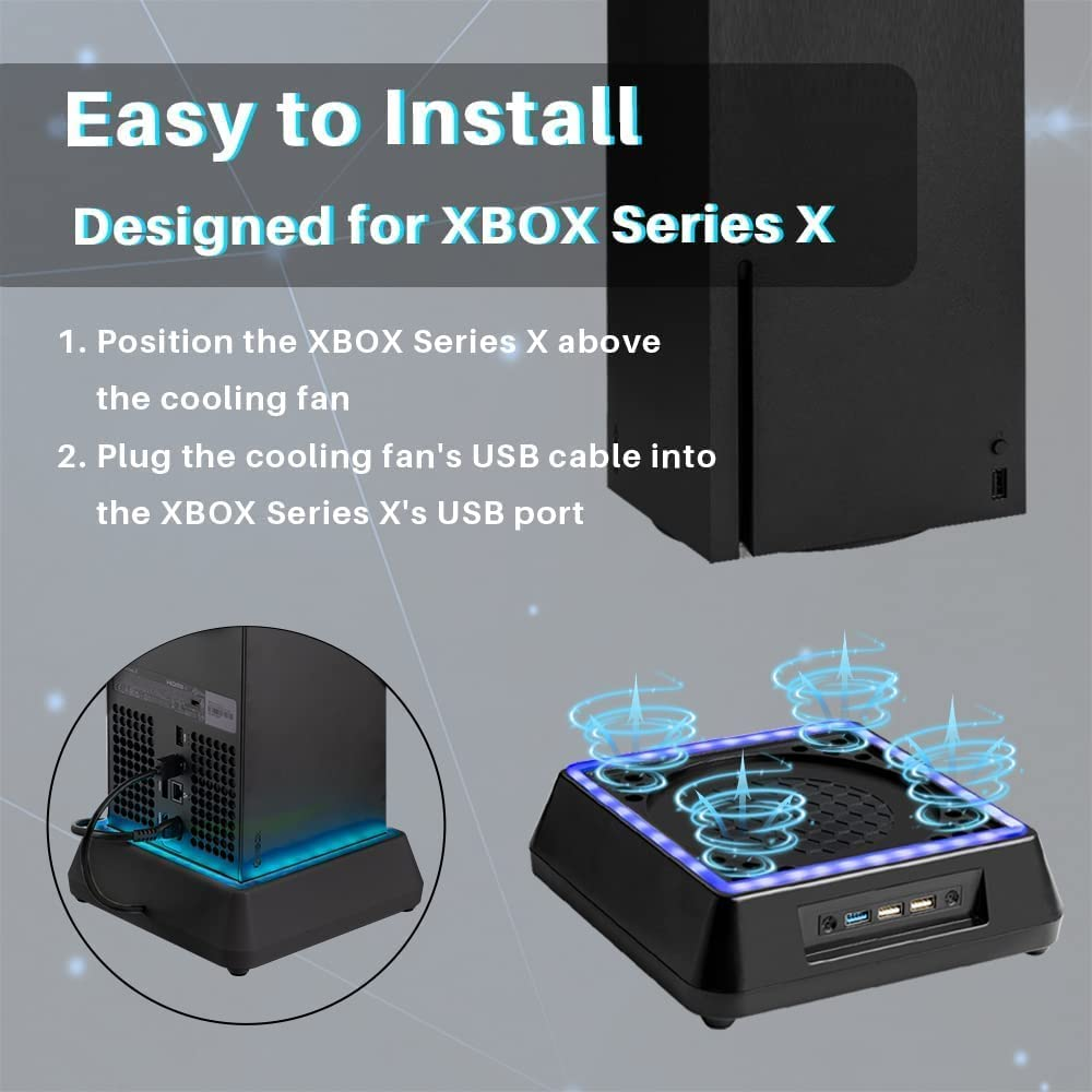 Iesooy Upgraded Cooling Fan for Xbox Series X, RGB LED Light Stand Base with 3 Levels Adjustable Speed Cooling Fan Cooler System, Low Noise, Extra 3 USB Ports(Black) image number 1