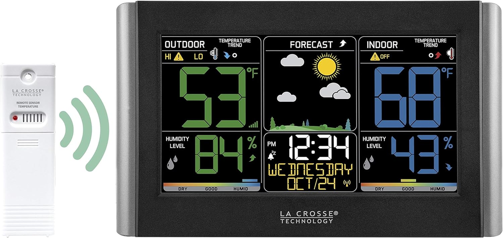 La Crosse Technology Weather Station with Customizable Alerts, Weather Forecast, Temperature, Dew Point, Humidity, Time, Heat Index, Large Display, Adjustable Brightness, Wireless, Black, C85845-INT image number 4