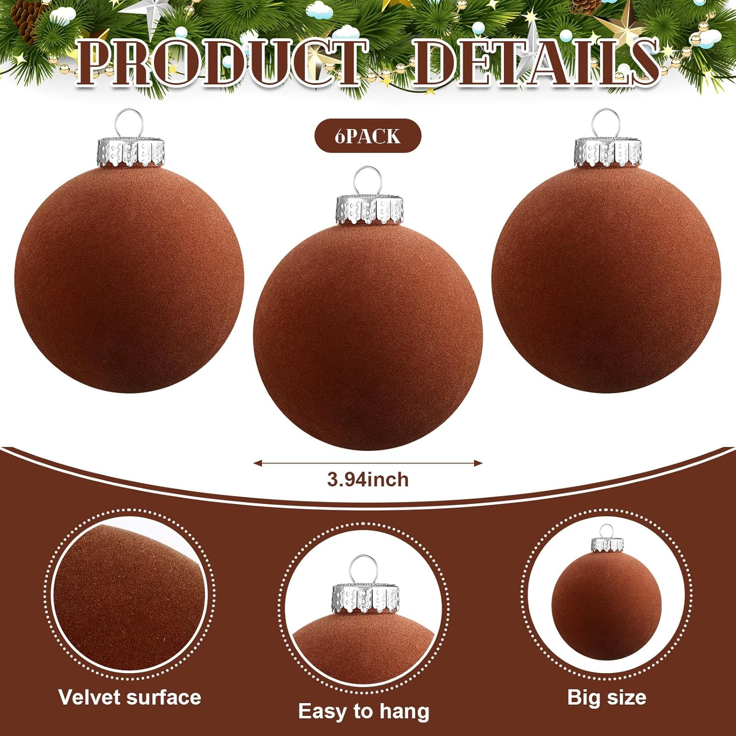 6 Pcs Large Velvet Christmas Ball Ornaments 3.9'' Vintage Neutral Christmas Ornaments Hanging Flocked Christmas Ornaments Christmas Tree Decorations for Holiday Party Xmas (Brown) image number 4