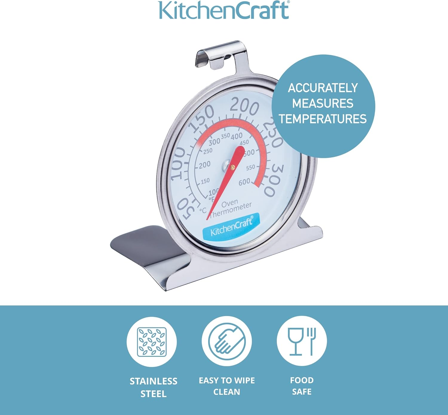 Kitchencraft Oven Thermometer, Stainless Steel over Thermometer for Fan Oven and Gas Oven, 6.5 X 8 Cm, Silver image number 3