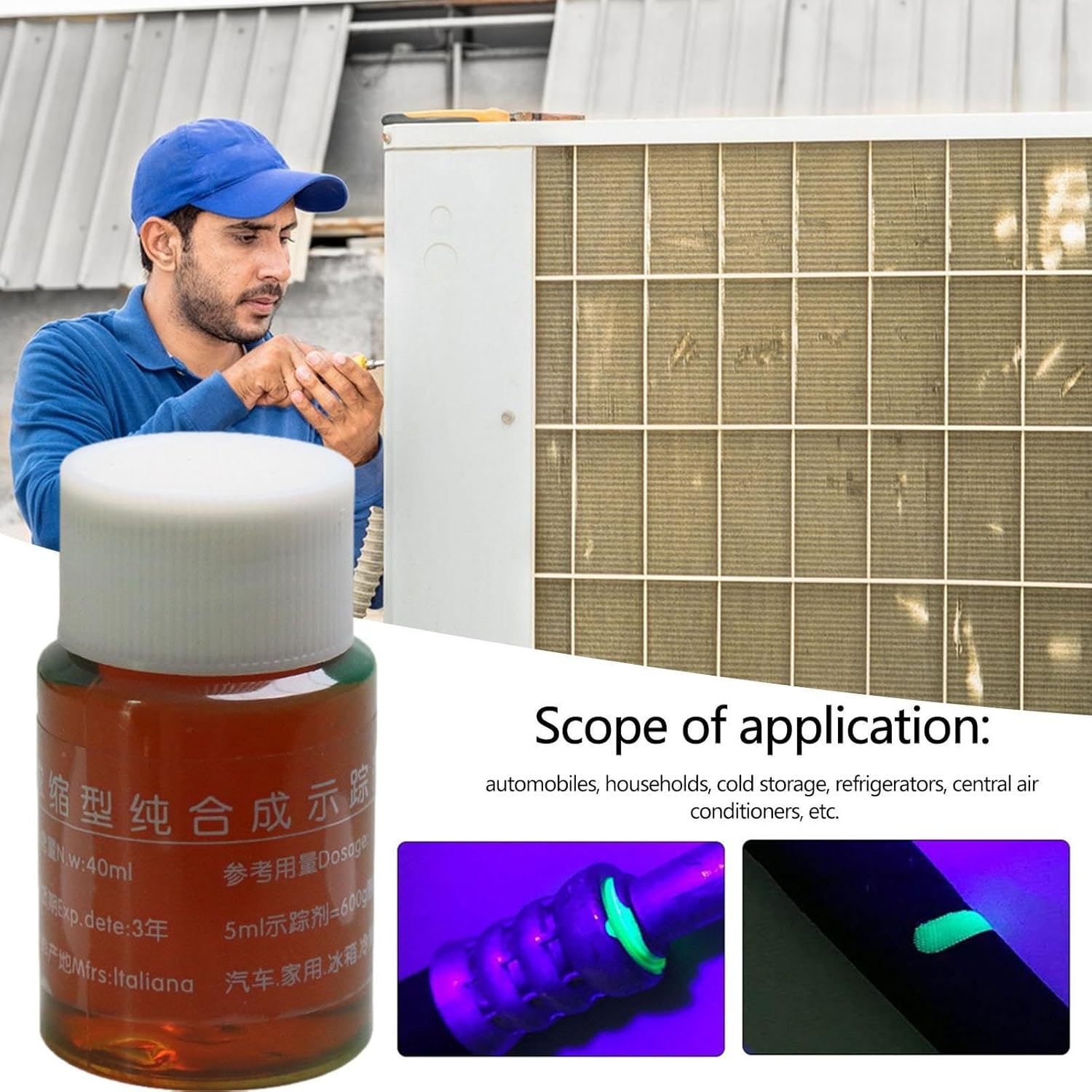 AC Leak Detector, 40Ml Fluorescent Leak Detector | Effective for Engine Coolant Dyes, Oil Spills, Automotive Hoses, Air Conditioners, Water Pumps image number 3