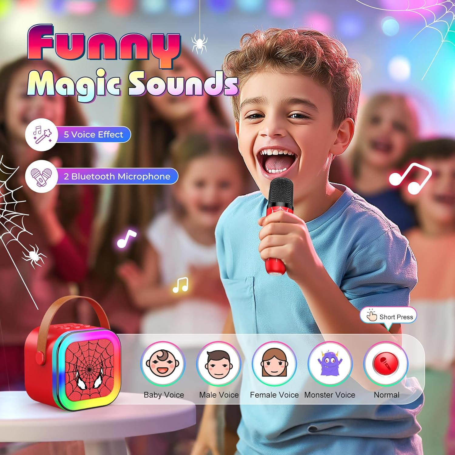 Mini Spider Karaoke Machine Kids, Vingtank Toys for 4 5 6 7 8 9 Year Old Boys Girls Portable Bluetooth Speaker with 2 Wireless Microphones Gifts for 3-5 6-8 8-12 Year Old Boys Girls Adult Family Party image number 2