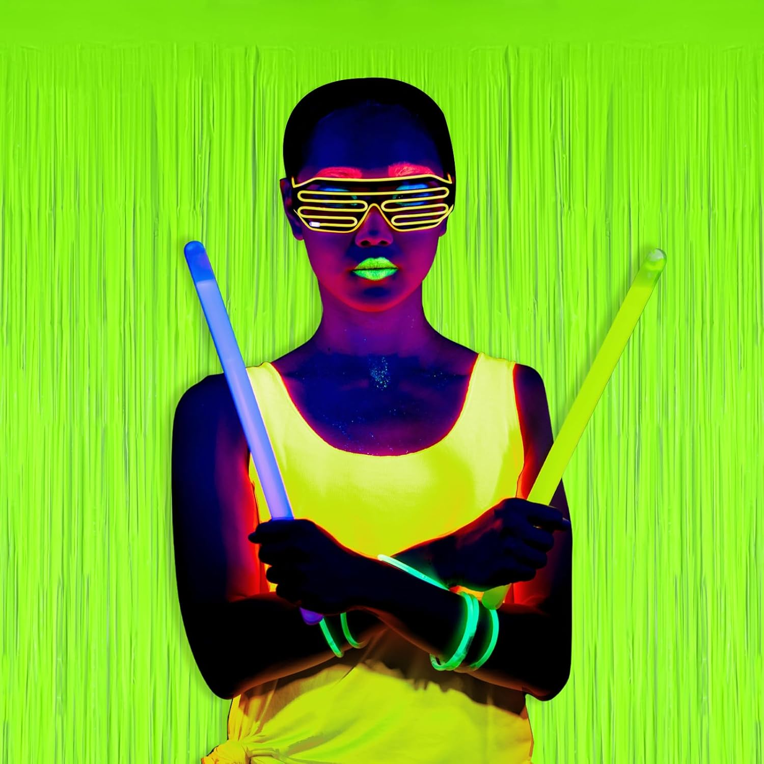 Mega-L Glow in the Dark Party Supplies, 2 Pack Neon Party Decorations 6.6 X 6.6 Ft Fluorescent Macaron Yellow Tinsel Foil Fringe Curtains, Photo Booth Prop Backdrop Streamer, Blacklight Decorations image number 1