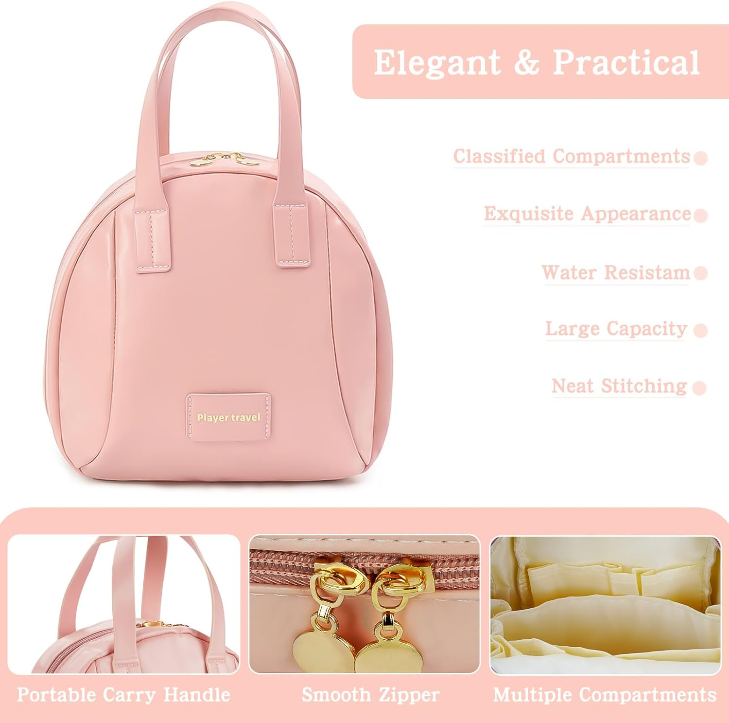 Biiange Elegant Portable Shell Cosmetic Bag, Portable Storage Bag for Women, with Compartments Large Capacity Travel Makeup Bags (Pink)