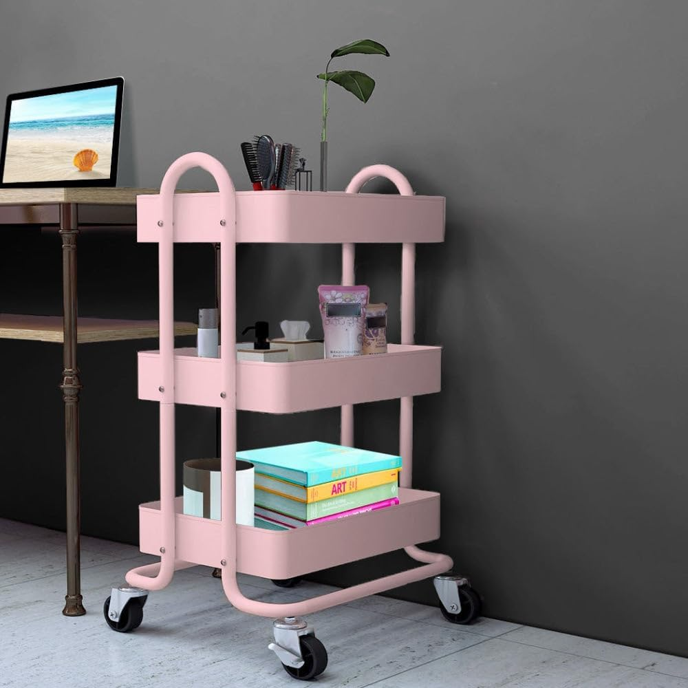 Levede 3 Tiers Kitchen Trolley Cart Steel Storage Rack Shelf Organiser Pink, Metal Utility Cart, 3-Tier Kitchen Trolley with 4 Wheels, Rolling Storage Cart Trolley for Kitchen Storage & Organisation image number 6