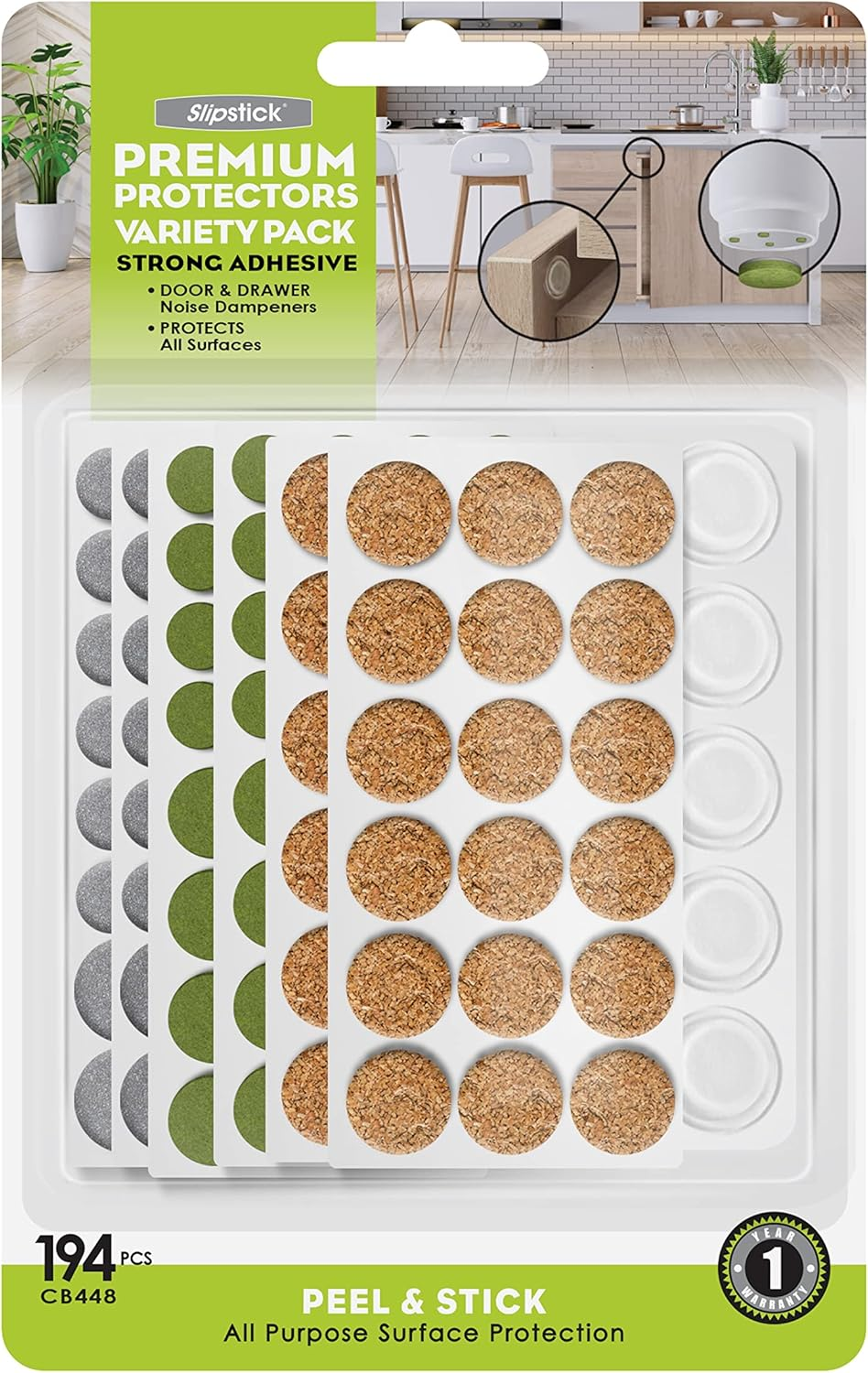 Slipstick Premium Adhesive Protector Pads Variety Pack (194 Piece) Cabinet Door Drawer Bumpers and Small Universal Surface Protector Pads, Clear Rubber, Foam, Cork, and Green Felt Protectors image number 3