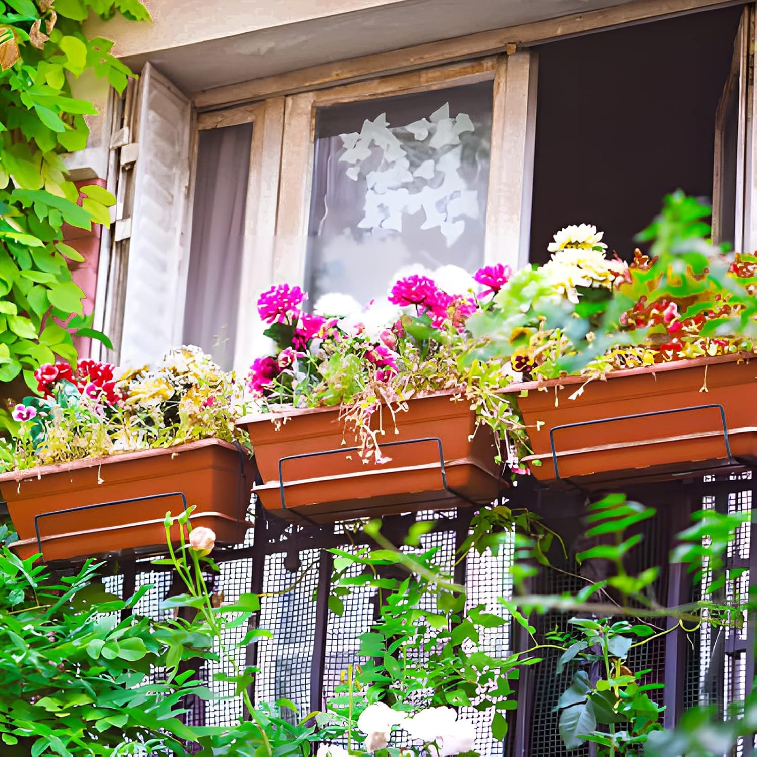 6 Packs Window Box Planter, 17 Inches Flower Window Box Rectangular Plastic Vegetable Planters with Trays for Windowsill, Patio, Garden, Balcony, Brick Red image number 3