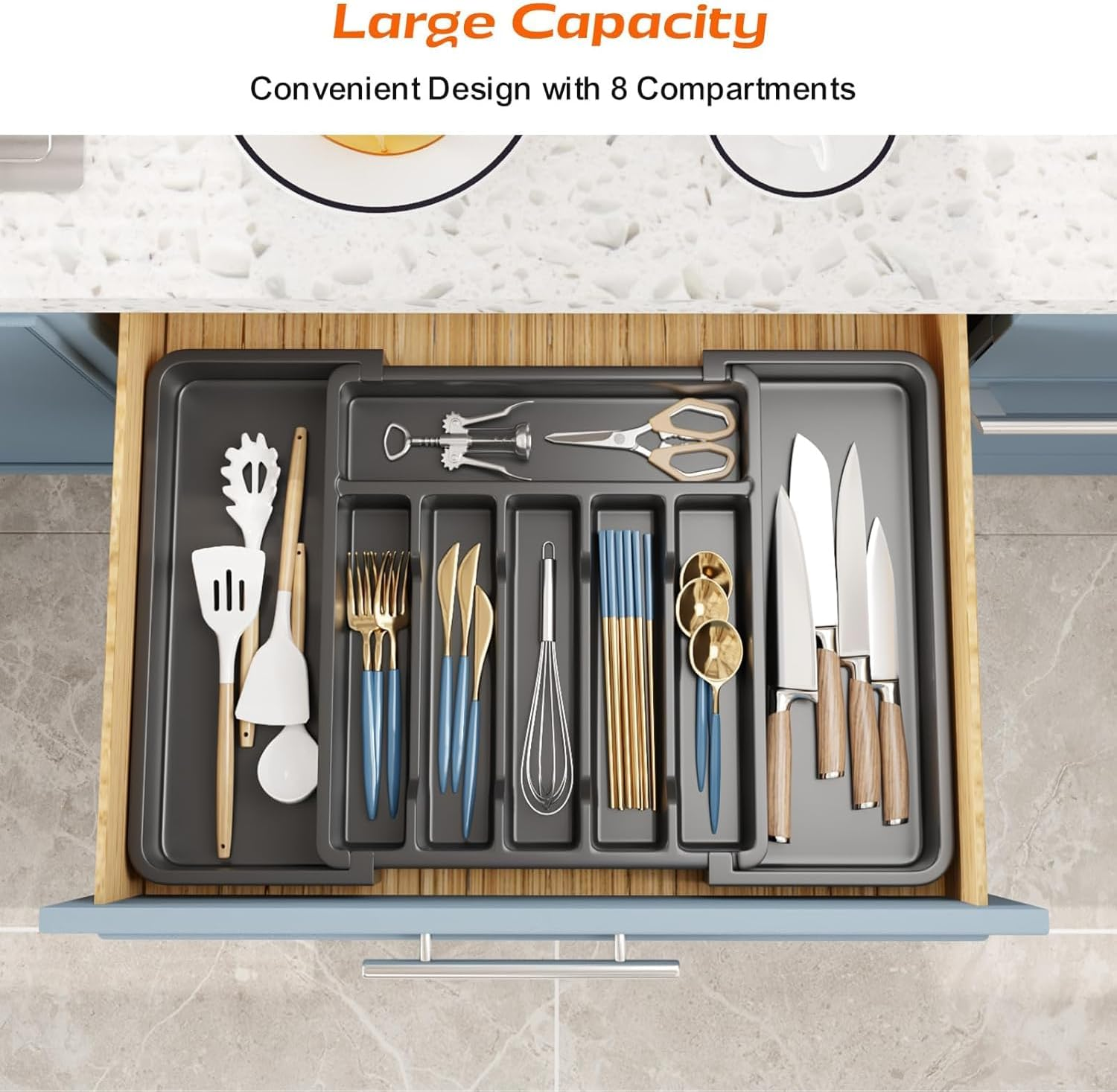 Expandable Cutlery Drawer Organizer, Adjustable Utensil Tray for Kitchen Drawers, Flatware Holder, Plastic Storage for Spoons, Forks, Knives, Durable Design, Space-Saving and Easy to Clean, Black image number 3