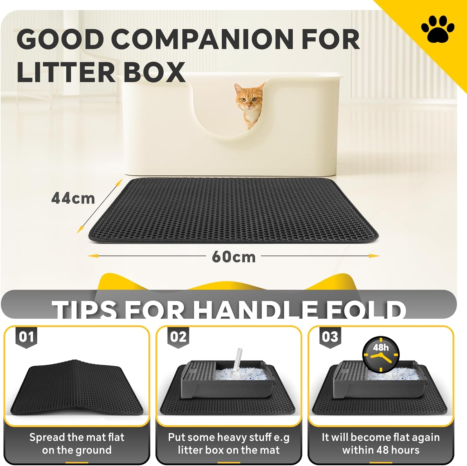 Baytion Cat Litter Mat, Litter Tray Mat 60 X 44 Cm for Cat Litter Box and Cat Toilet, Double Layer Trapping Mat, Big Honeycomb Holes, Waterproof Urine Proof, EVA Material BPA Free (Black） image number 5