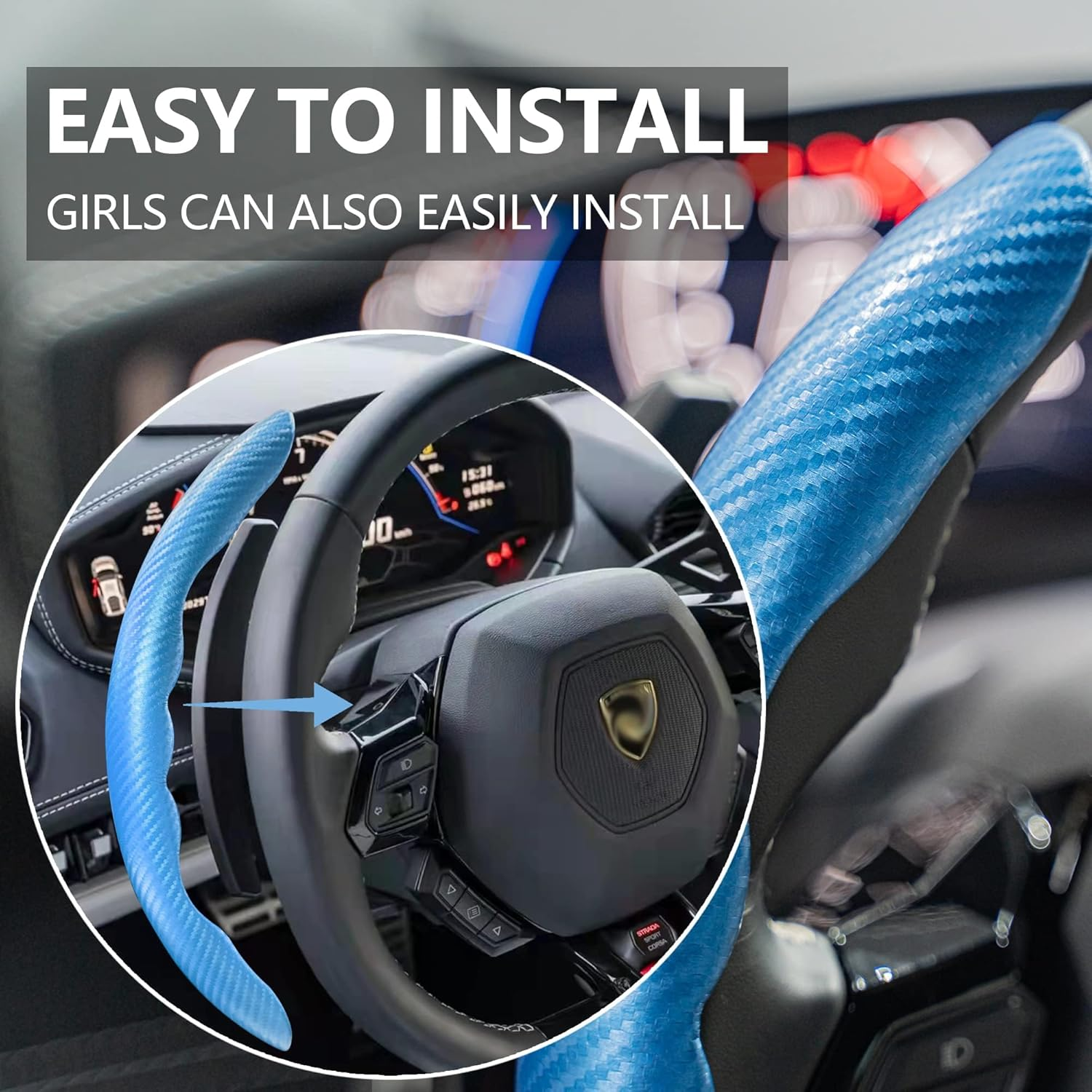 Carbon Fiber Steering Wheel Cover, Men'S and Women'S Safe and Non Slip Car Accessory,15-Inch Universal Auto Steering Wheel Cover, Steering Accessories for Car,Great Gifts (Blue) image number 3