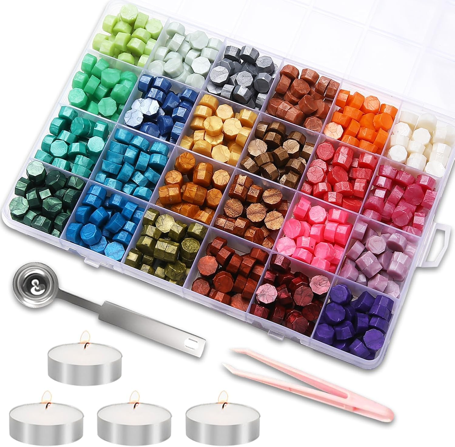 630PCS Sealing Wax Beads Set, 24 Color Beads with Wax Spoon, Tea Candles, Tweezer for Envelope Seals, Invitations, Letters, and DIY Crafts (#01)