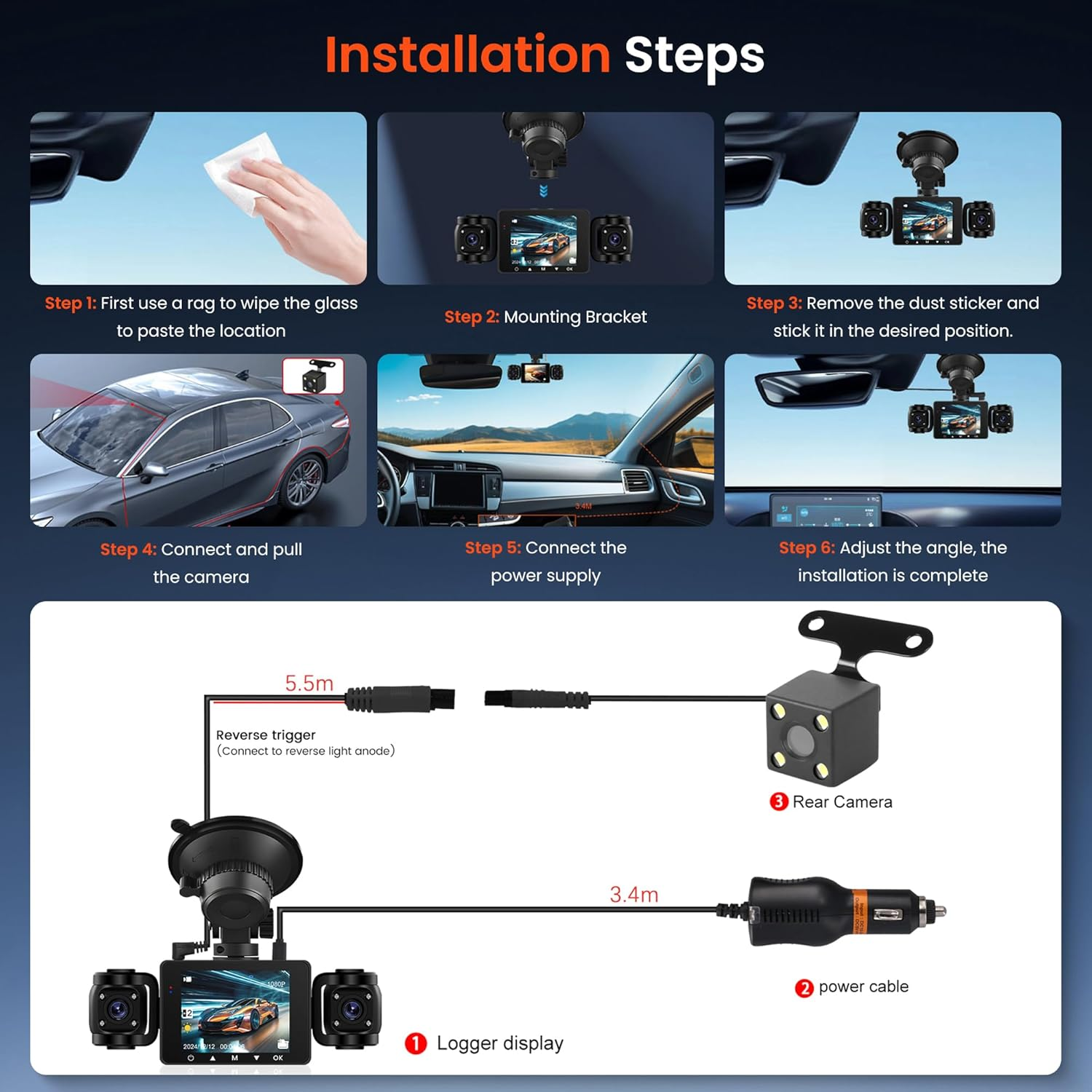 Dash Cam 4 Channel Front and Rear inside Side, Four Way Dashcam for Car, 1080P, 360 Full Protection, Night Vision, Loop Recording, G-Sensor, Parking Aid, 24H Parking Meter, Rear View image number 1