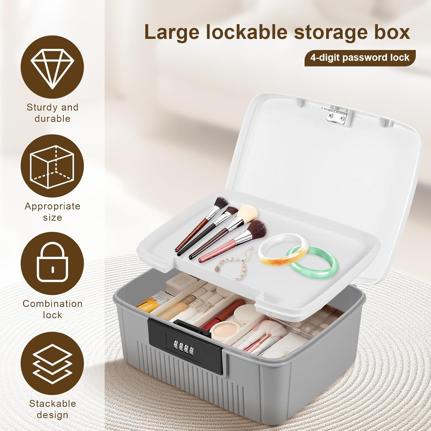 Lockable Storage Container, 6L Robust Organizer Document and ID Box with Combination Lock Design, Double Layer Password Storage Locking Box with Built in Removable Tray for Office (White) image number 4