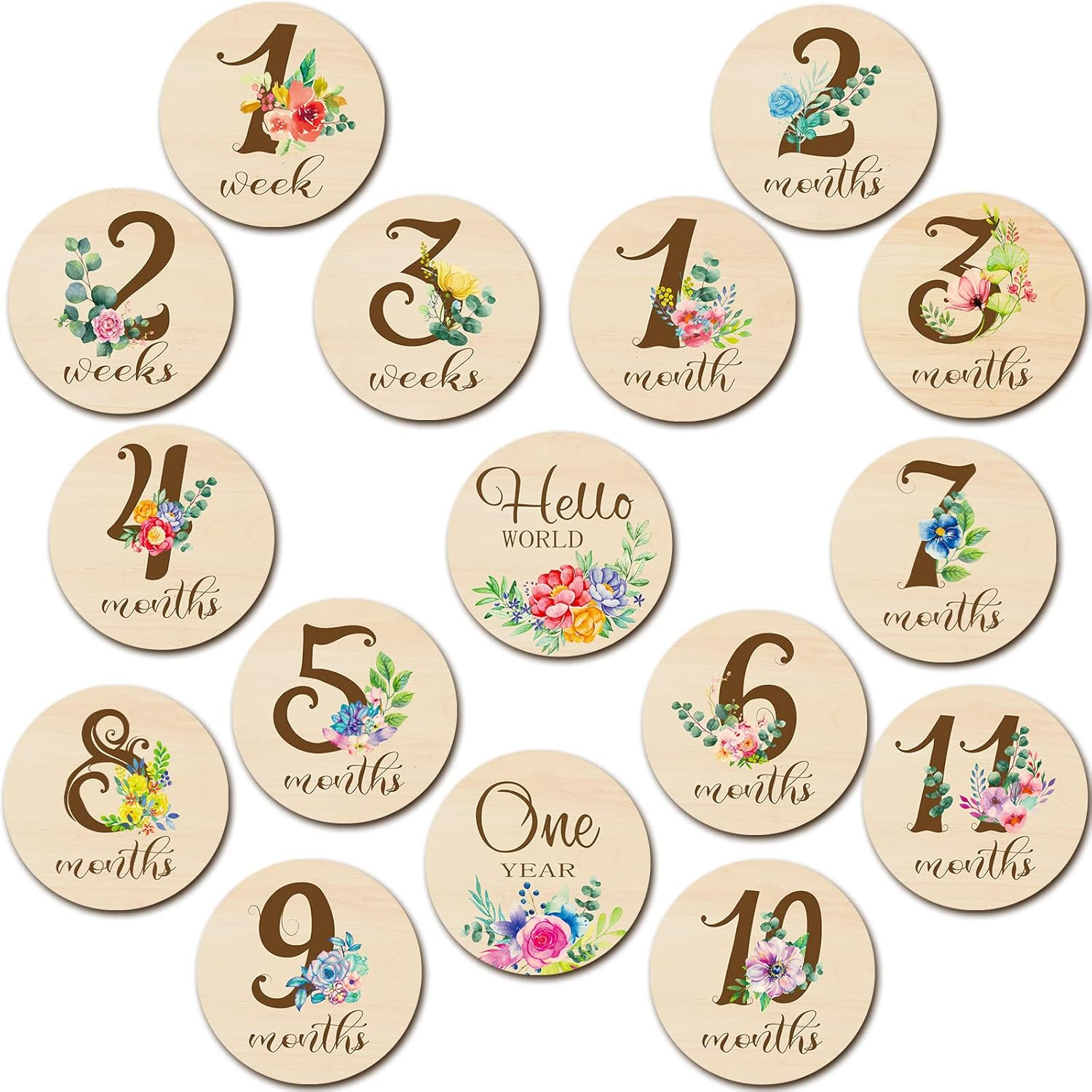 16 Pieces Wooden Baby Monthly Milestone Cards Baby Monthly Milestone Marker Discs Double Sided Monthly Milestone Wooden Circles Baby Months Signs for Baby Shower Newborn Photo Props(Blue Elephant)