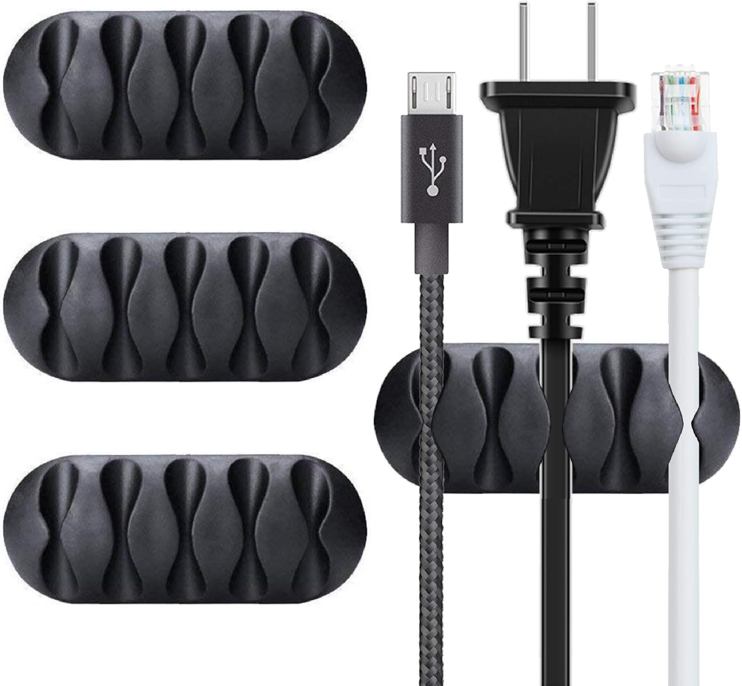 BEADNOVA Cable Clips Cord Organizer Cable Management Wire Cord Holder 2 Slots Adhesive Wire Holder for Car Charging Accessory PC Office Home (Black, 8 Pcs)