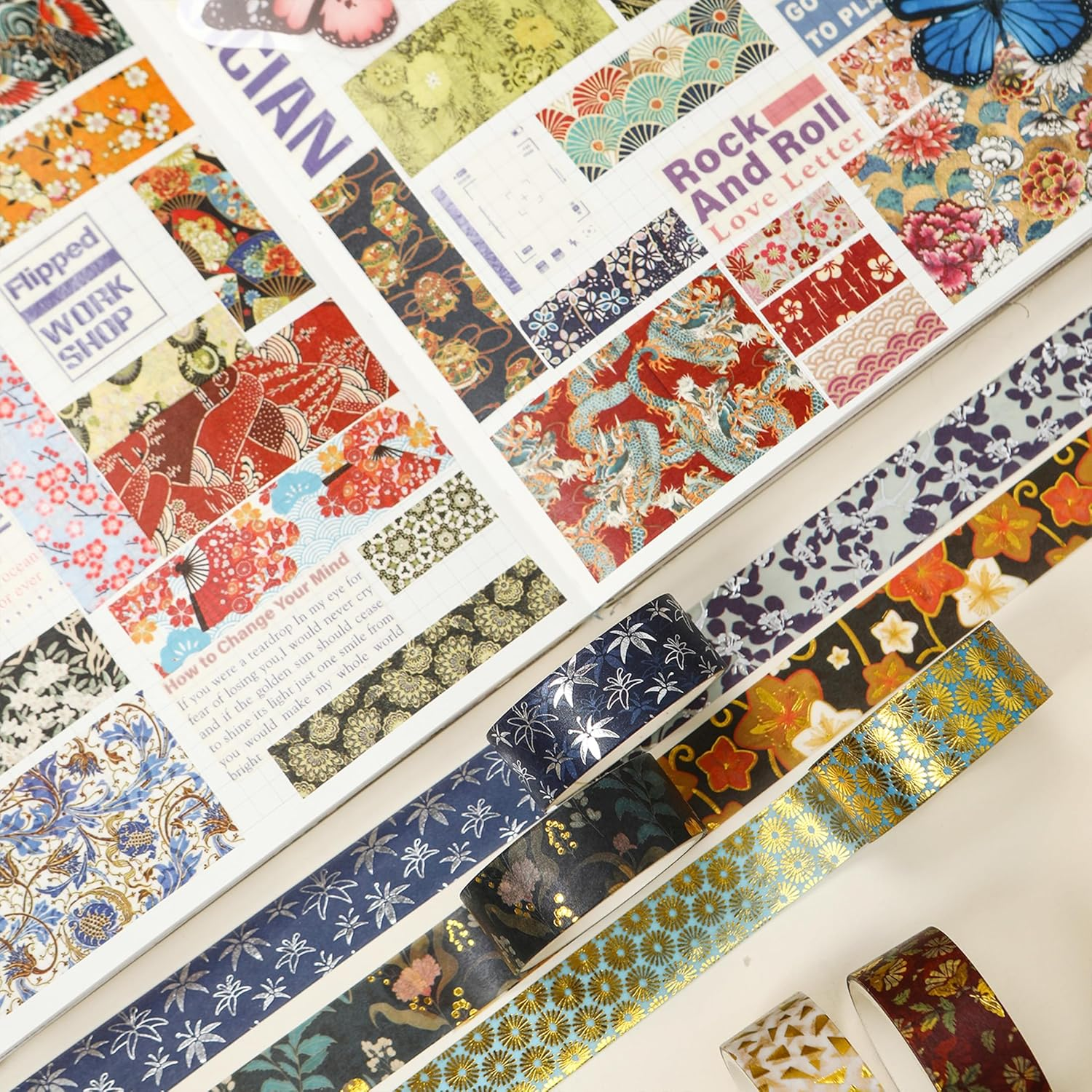 Songdao 10 Rolls Sakura Washi Tape Set Japanese Arts Adhesive Tapes Gold Silver Foil Decorative Masking Tape Sets for Craft, Kids, Scrapbook, DIY, Gift Wrapping (Golden Kimono) - Golden Kimono image number 3