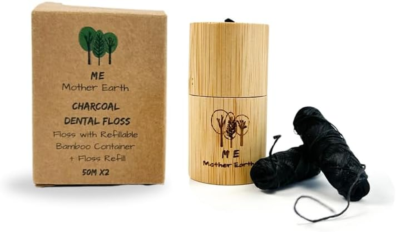 VEGAN Biodegradable Bamboo Charcoal Dental Floss with Refillable Bamboo Container | Free Refill | Natural Candelilla Wax | 55Yds X2 | Peppermint Essential Oil | Eco Friendly | Zero Waste Oral Care image number 1