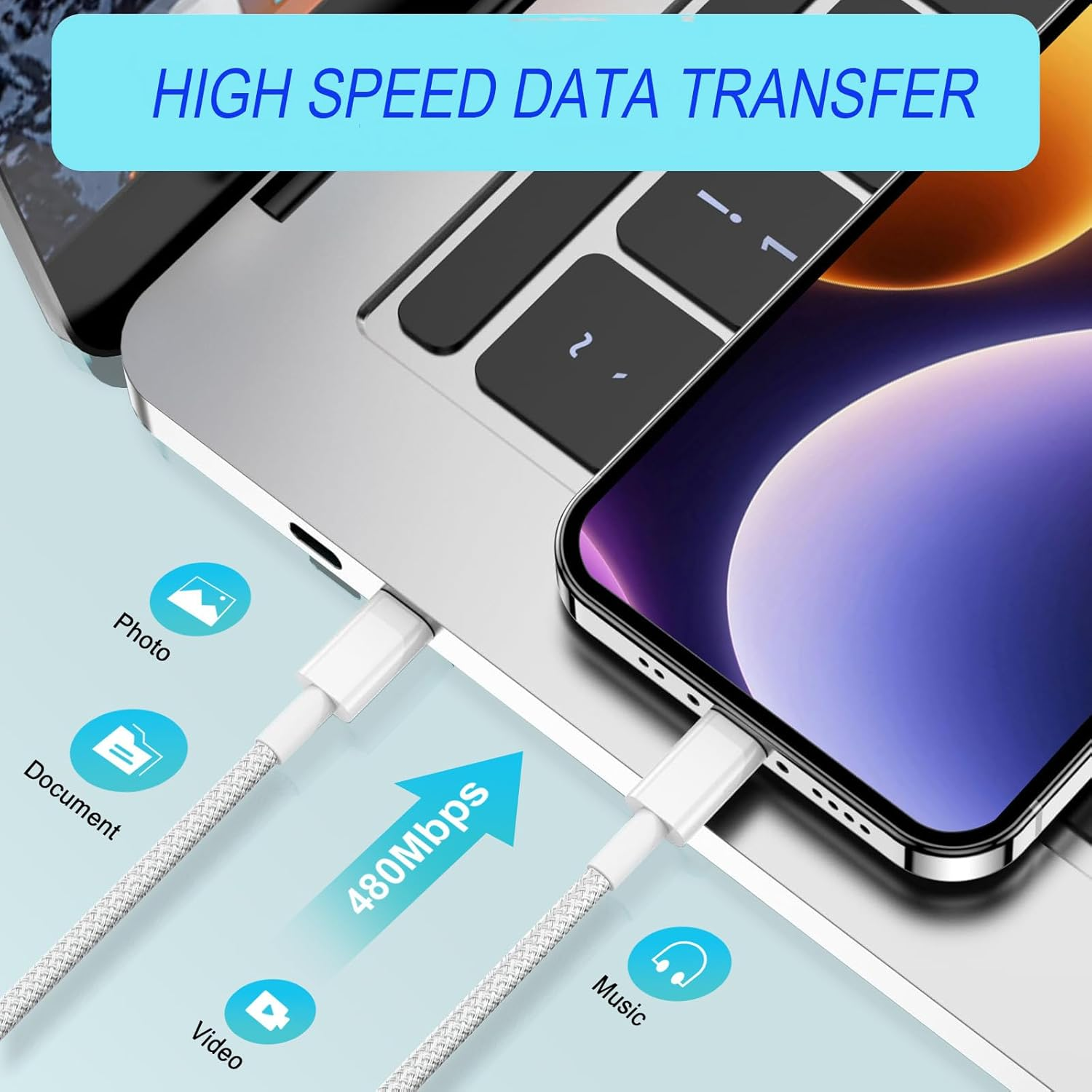 2Pack 2M USB-C to USB-C Cable 3A 60W Nylon Braided Charger Fast Charging Cable White for Apple Macbook,Ipad, Iphone 15, Iphone16, Samsung Galaxy, Google Pixel,Xiaomi image number 2