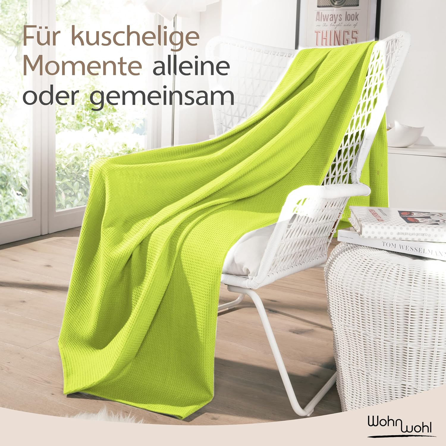 WOHNWOHL Bedspread 220 X 240 Cm &bull; Waffle Pique Lightweight Summer Blanket Made of 100% Cotton &bull; Airy Sofa Blanket Versatile &bull; Easy Care Blanket &bull; Cotton Blanket Colour: Green image number 5