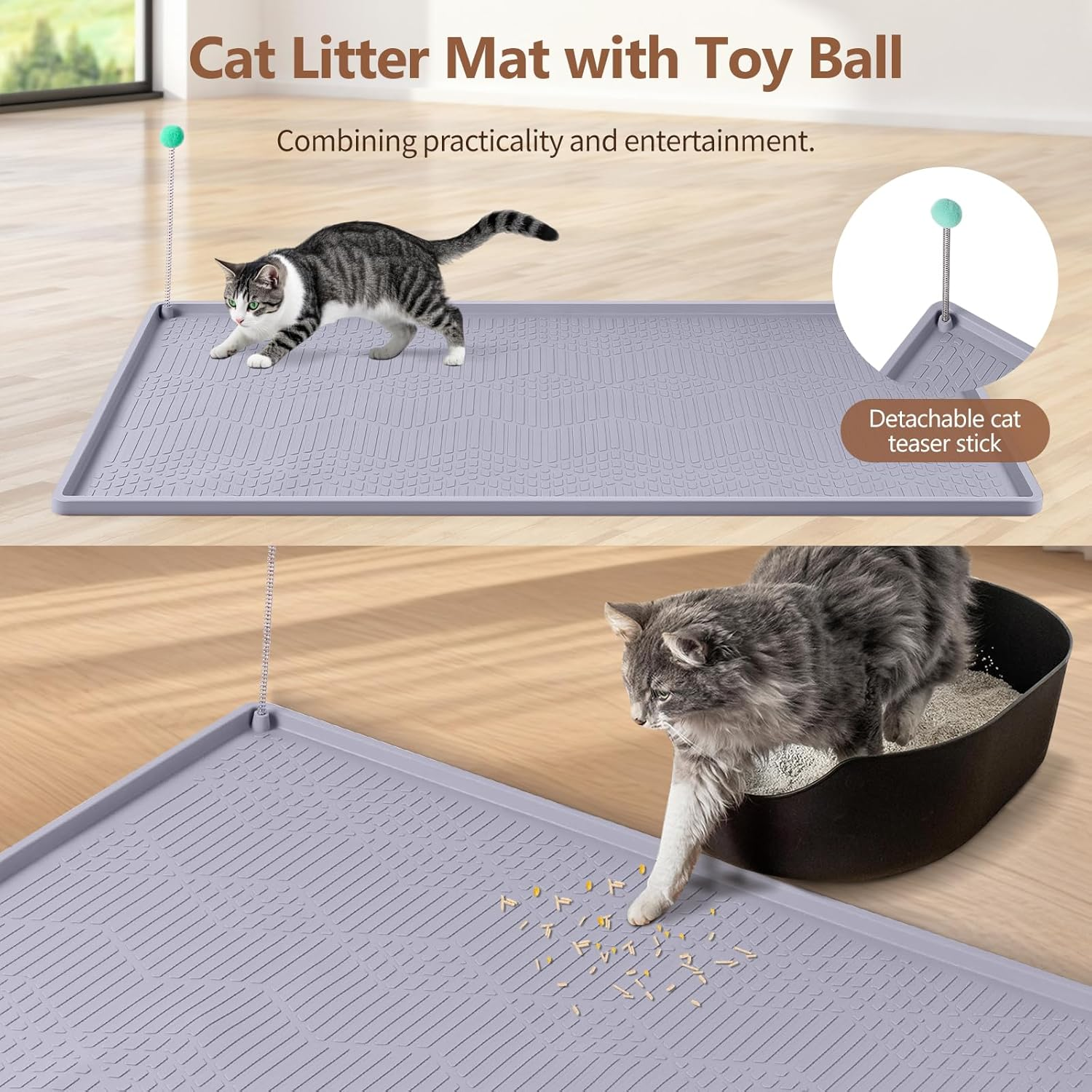 Bartuke Large Cat Litter Mat with Toy Ball, 38'' X 25'' Silicone Cat Litter Trapping Mat for Scatter Control, Soft on Kitty Paws, Easy to Clean (Light Grey) image number 4