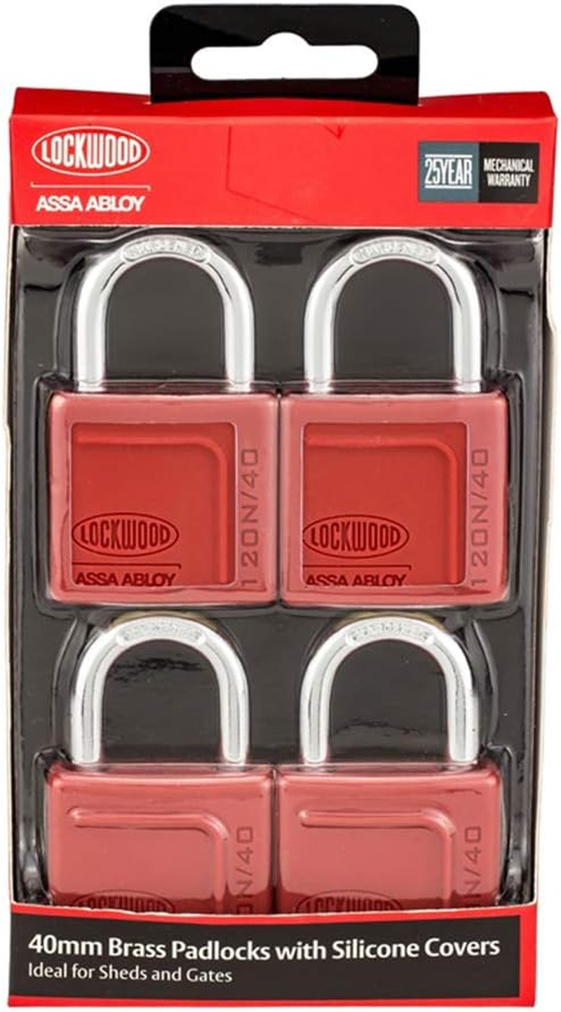 Lockwood 120N/40/125/4DP 120N Series 120N Series 40 Mm Padlock with 25 Mm Shackle and Silicon Jacket Quad Display Pack, Red image number 1