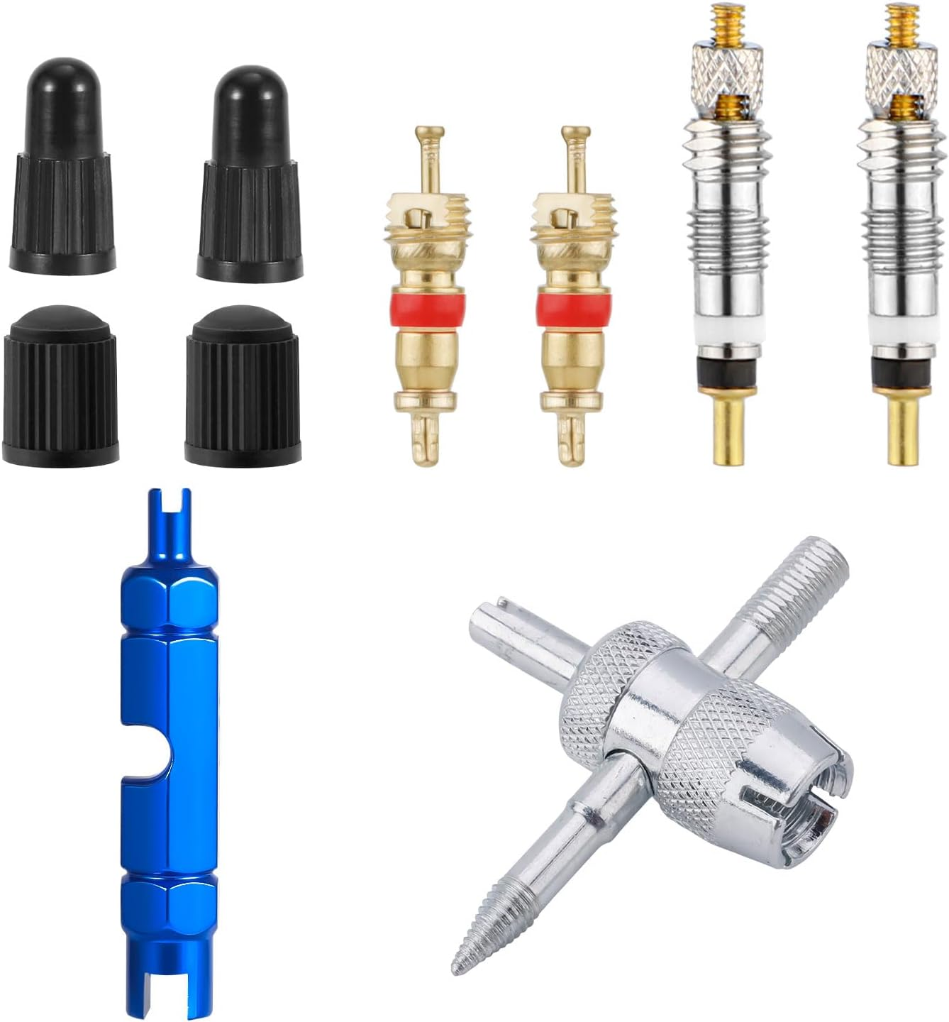 Valve Core Repair Kit, Reliable Valve Core Bike Replacement Kit with 4Pcs Valve Caps and 4Pcs Valve Cores Wrench for Presta & Schrader Valve image number 1