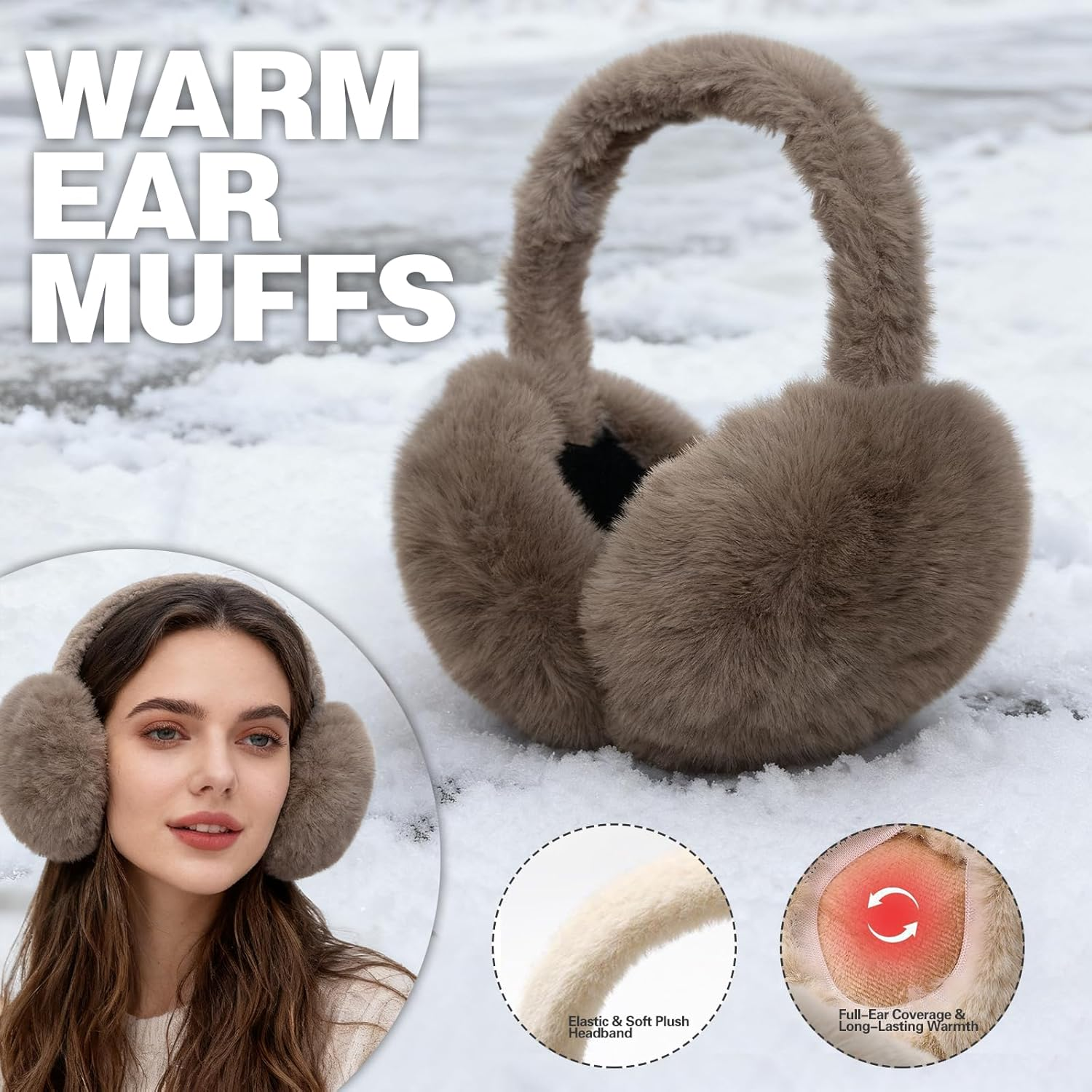 Cisnocr 2Pcs Earmuffs for Women Winter White Black Fur Earmuffs Foldable Ear Warmer Soft Ear Covers - Black+Cream image number 6