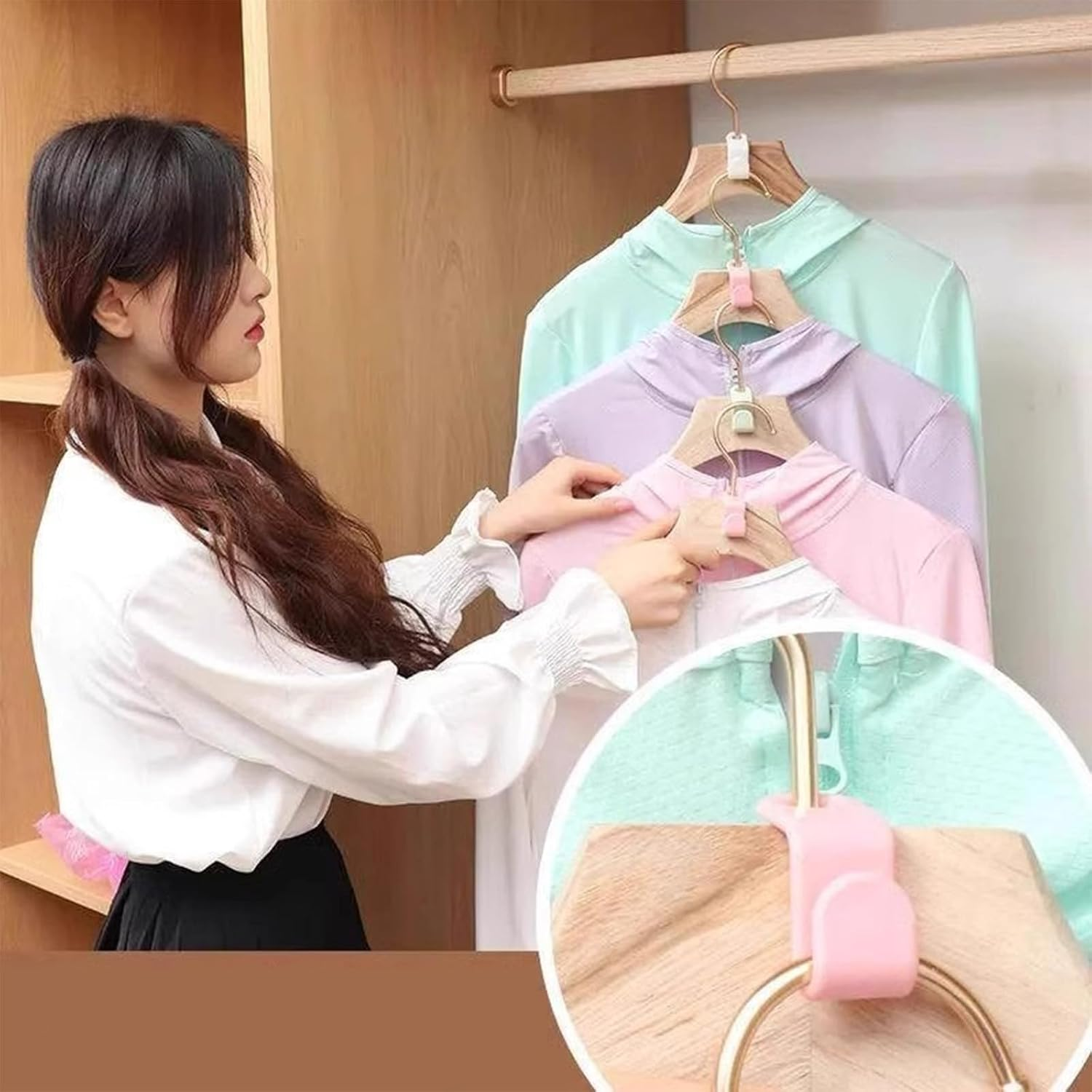 100 Pack Space Saving Hangers - Multi-Functional Stackable Coat Hanger Connectors | Thick Plastic Hooks for Wardrobe Organiser (Green, Kids/Baby Closet Friendly) image number 5