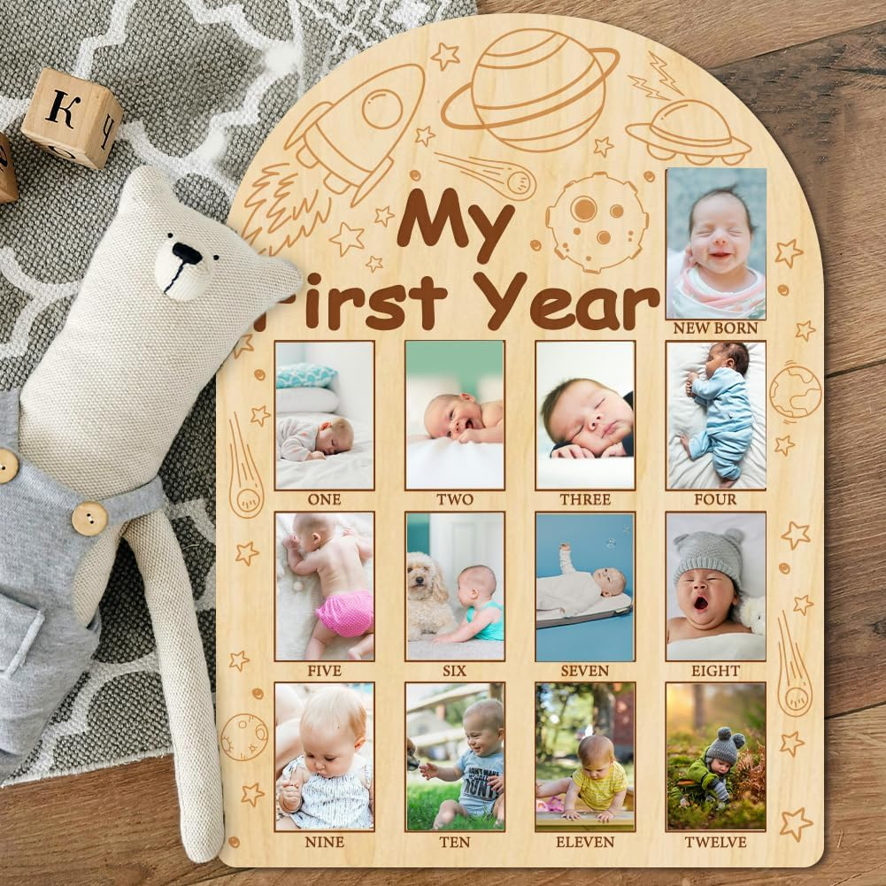 ORIGACH My First Year Baby Growth Photo Display Wood Board - 12 Months Newborn Milestones Photo Board - Neutral Baby Keepsake Board 1St Birthday Party Nursery Decor New Mom Gift - Space image number 1