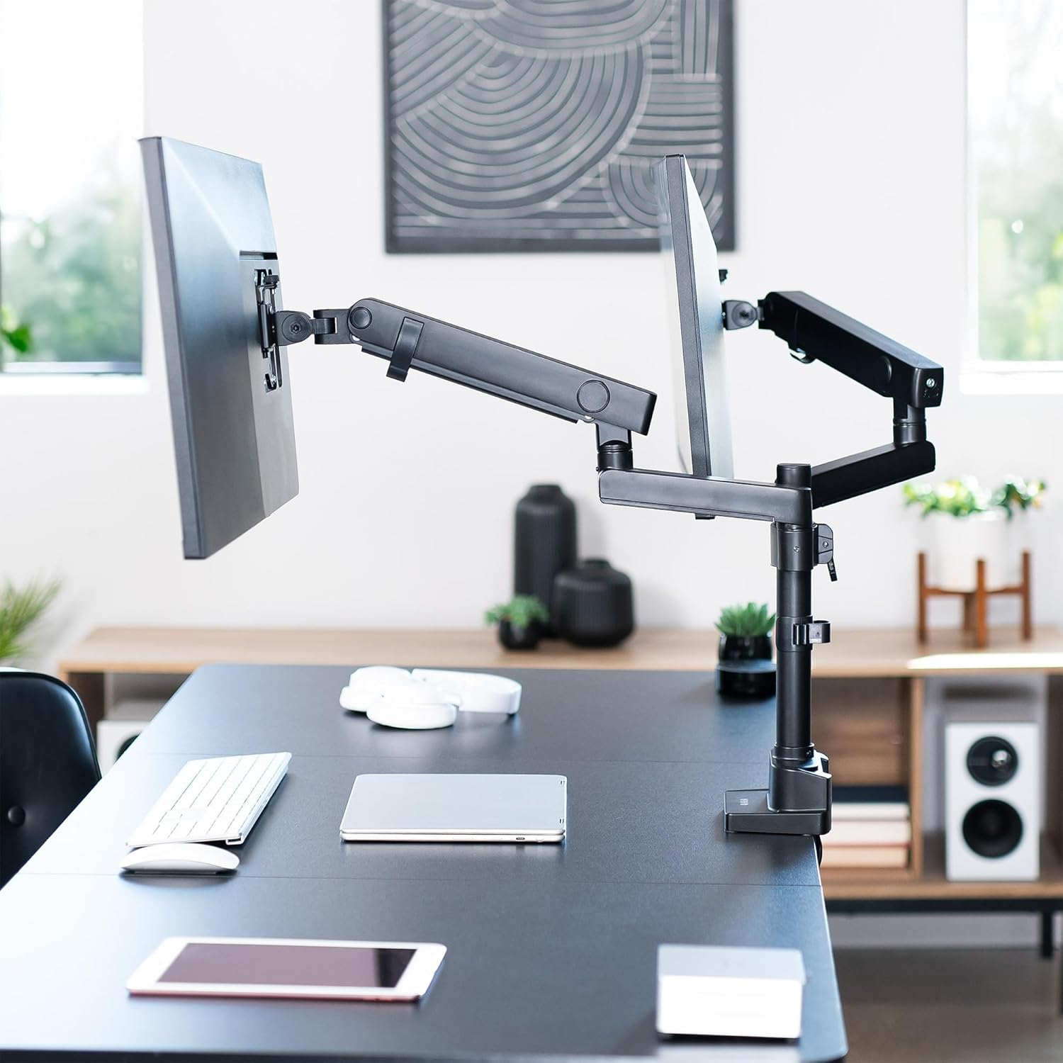 VIVO Premium Aluminum Full Motion Dual Monitor Desk Mount Stand with Lift Engine Arm, Pole Extension, and USB Ports, Fits Ultrawide Screens up to 35 Inches, STAND-V102BDU image number 2