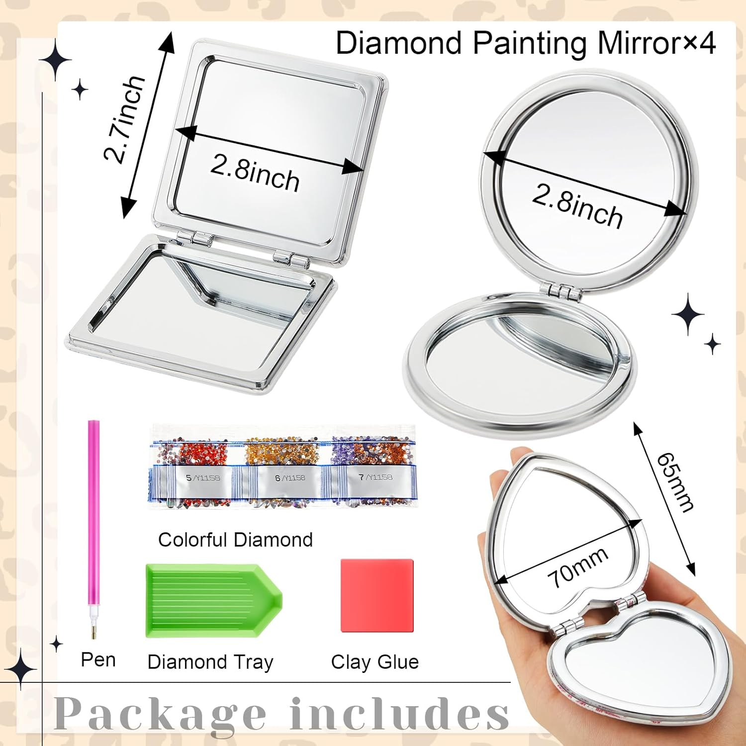Marsui 4 Pcs Diamond Painting Compact Mirror Art Kits for Adults DIY Pocket Mirror Art Cover Portable Folding Purse Looking Glass for Women(Animal Skin) image number 4