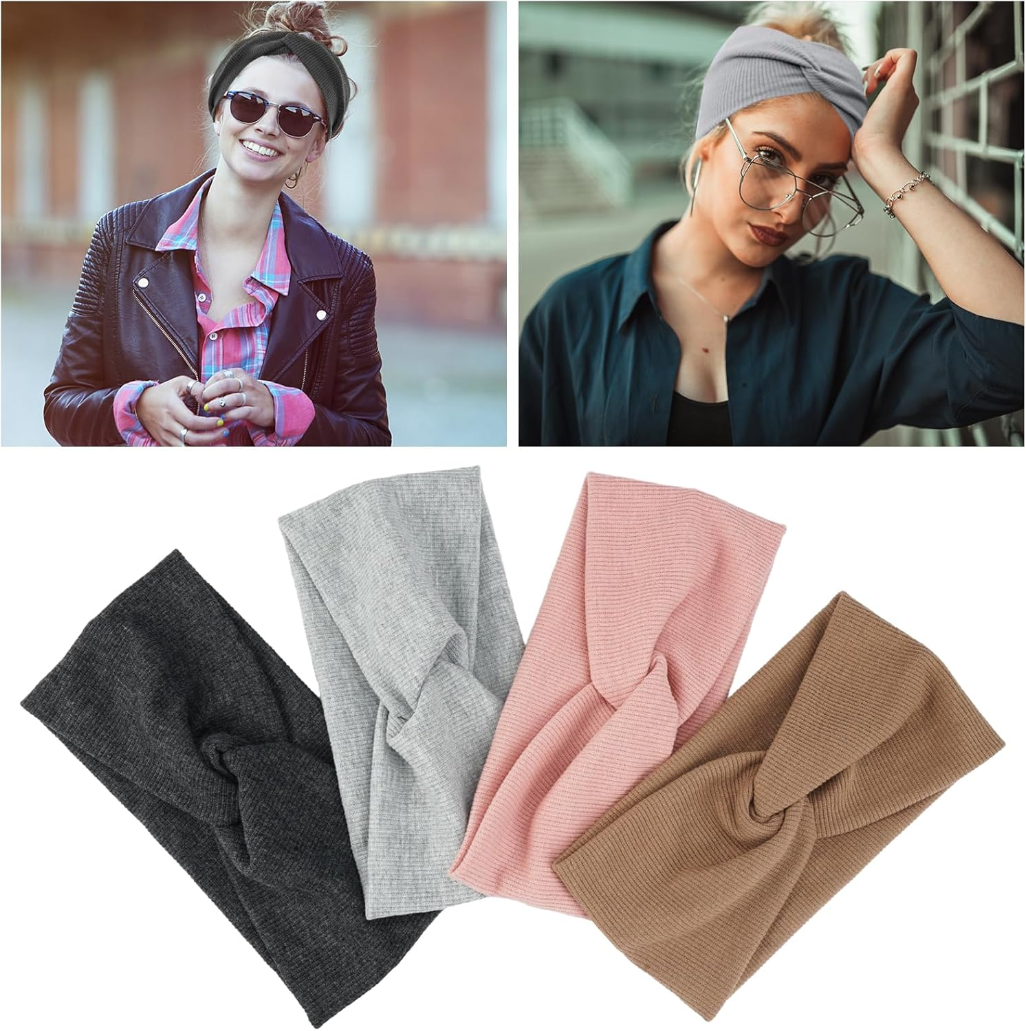 Cotton Headband Elastic for Autumn Winter Pack of 4 One Size for Women and Girls, Knitted Elastic Fleece, Headband Thin, Hair Band Knot, Warm Hair Bands, Wide image number 6