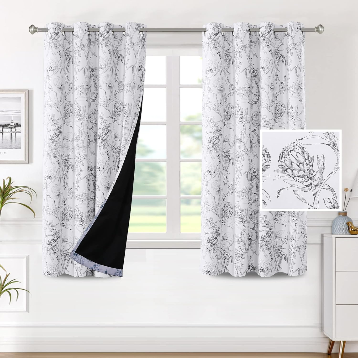 H.VERSAILTEX 100% Blackout Curtains for Living Room Camellia Floral Light Blocking Window Treatment Curtains with Black Liner Grommet Thermal Drapes, 2 Panels Set, Each W132Cm X D213Cm, Black