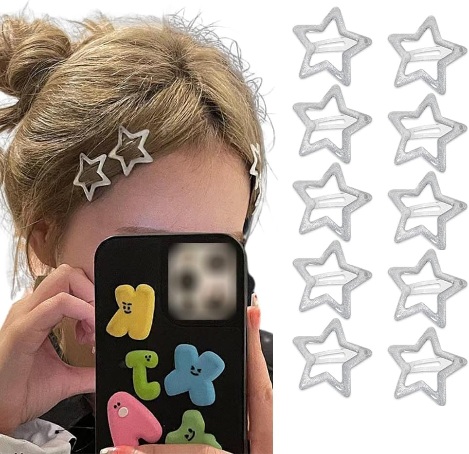 Silver Star Hair Clips Y2K Glitter Star Snap Clip Barrettes Hairpins 10 Pieces Small Metal Hair Clip Headpiece Cyber 2000S E-Girl Hair Accessories for Teen Girl Women