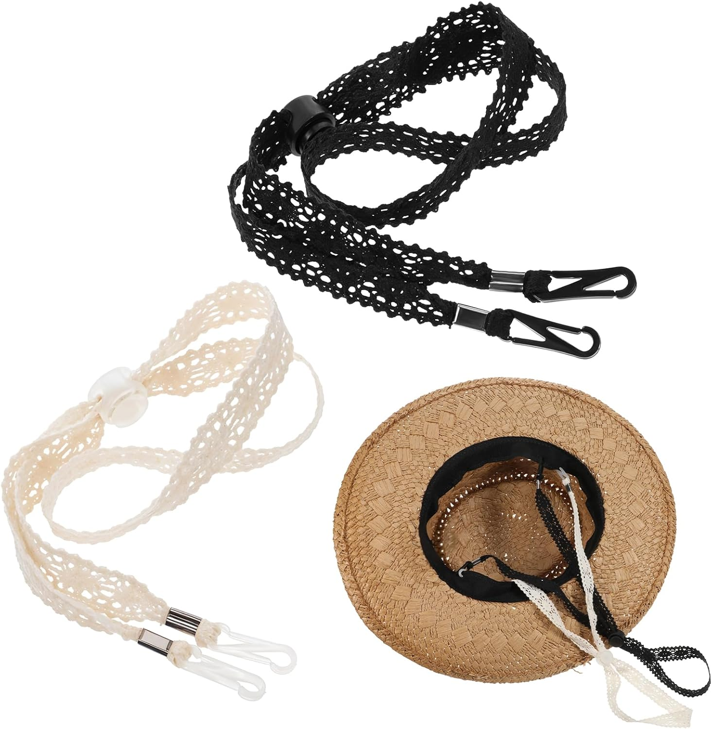 Tweruna 2 PCS Hat Straps for Wind, Adjustable Beige Black Chin Cord, Lace Sun Hat Chin Strap with Clips, Replacement Lace Windproof Keeper String for Women Outdoor Hats image number 5