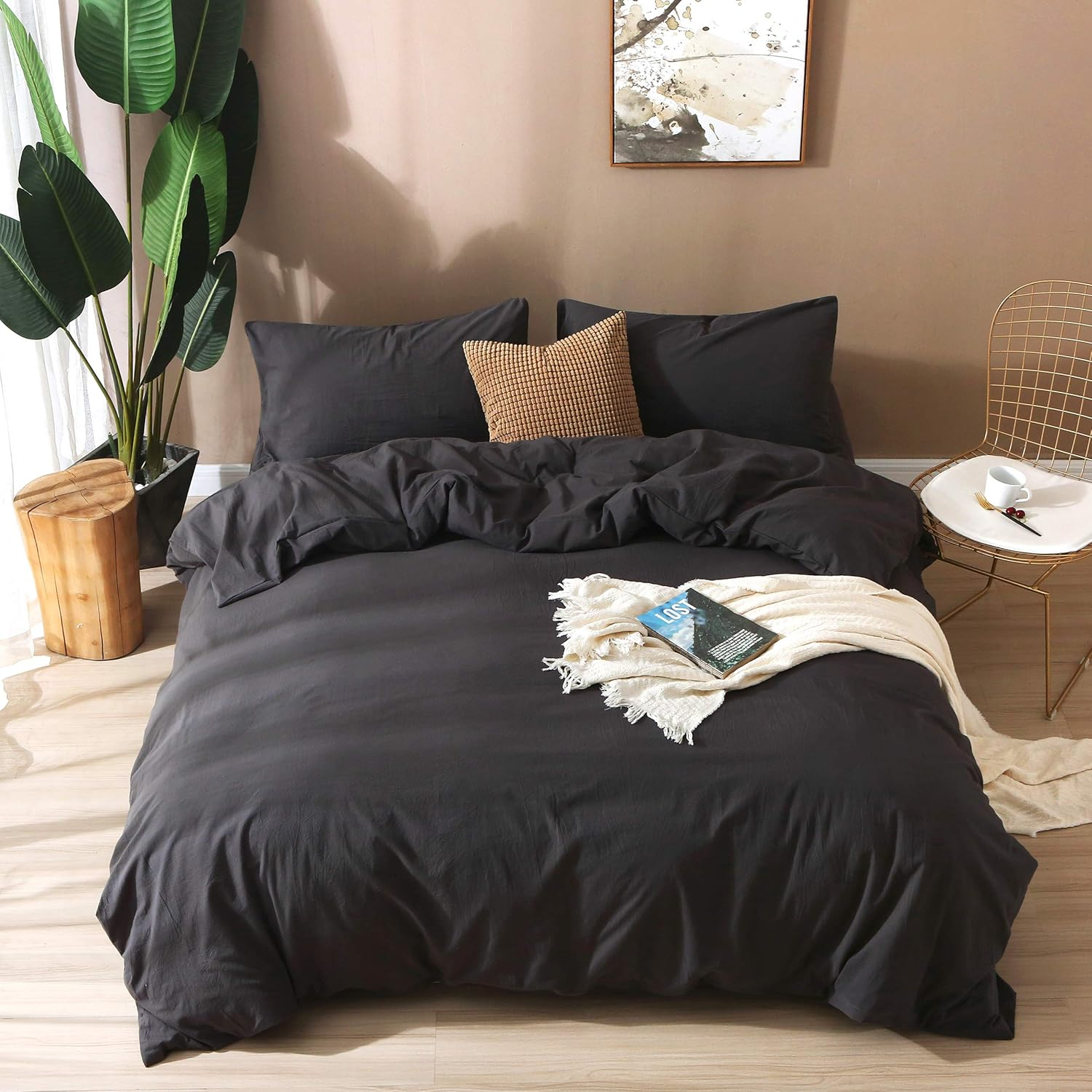 F.Y.Dreams 100% Washed Cotton Duvet Cover for Weighted Blanket 60X80 Inches with 8 Ties, Zipper on Long Side/Black Grey/Just Duvet Cover image number 2