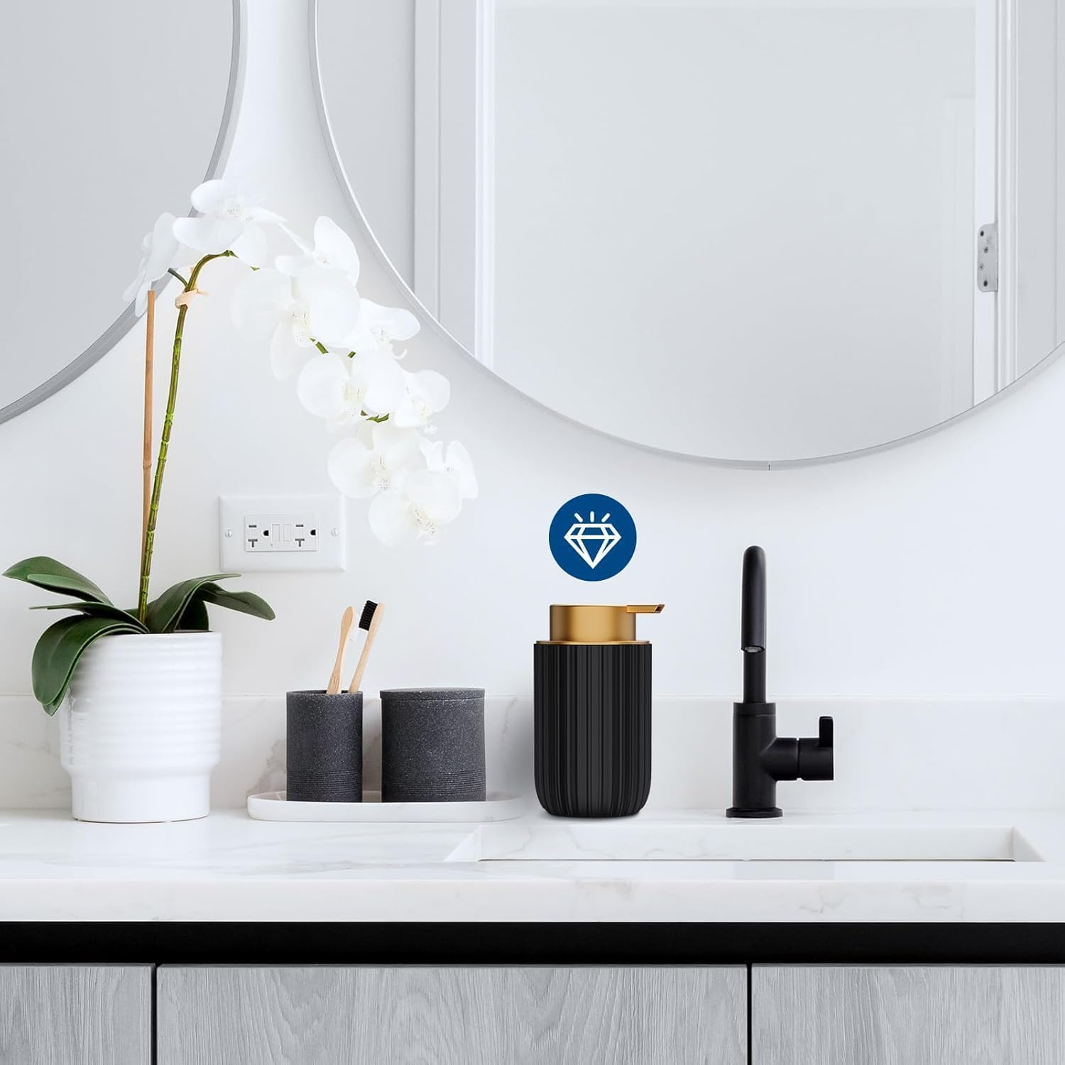 2 Pack Foam Soap Dispenser - 12 Oz Beige Ceramic Foaming Soap Dispenser for Bathroom, Hand Wash Dispenser Bottle with Foaming Pump, Striped Refillable Dish Soap Dispenser for Kitchen(Black)