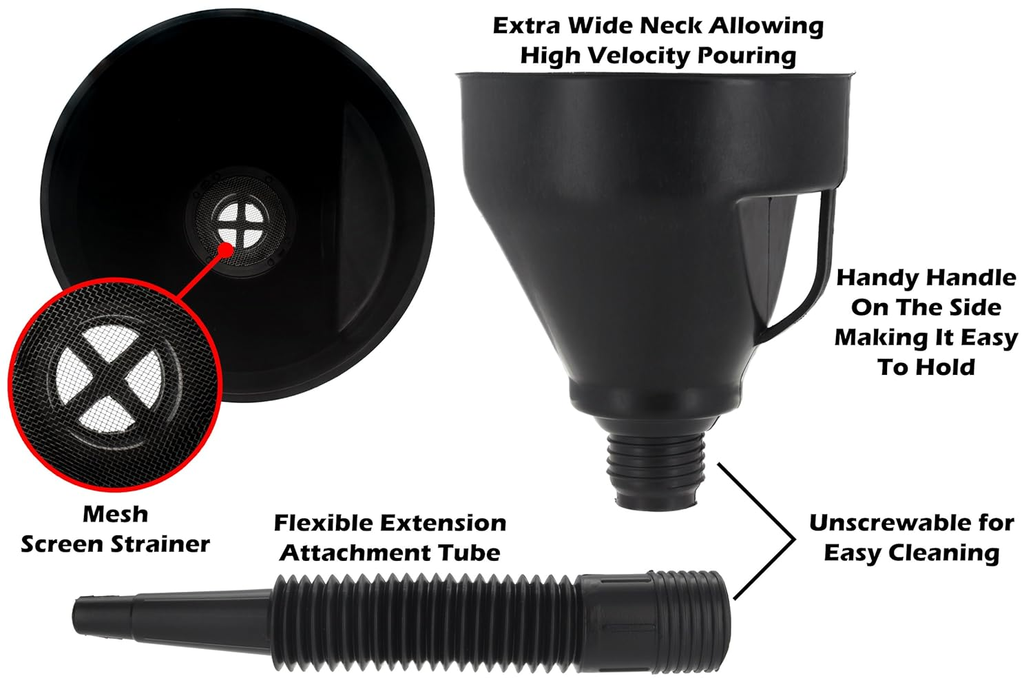 Wekster Wide Mouth Fuel Funnel with Handle - Large Plastic Automotive Funnels Long Flexible Spout Extension Removable Mesh Screen Filter for Water Gasoline Coolant Transmission Engine Oil image number 3