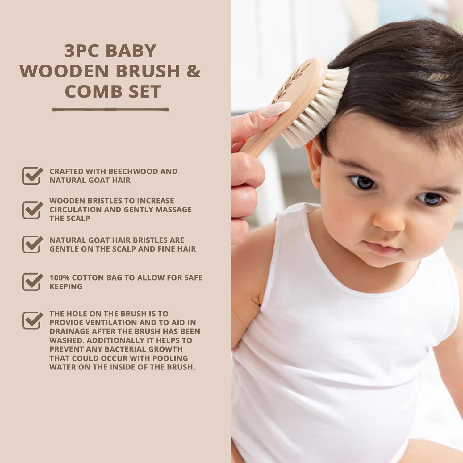 Living Textiles Soft Baby Hair Brush & Comb 3-Piece Set - Natural Goat Hair & Beechwood, Scalp Stimulating Bristles, Gentle Detangling, Gift-Ready with Cotton Storage Bag, Newborn & Infant image number 3