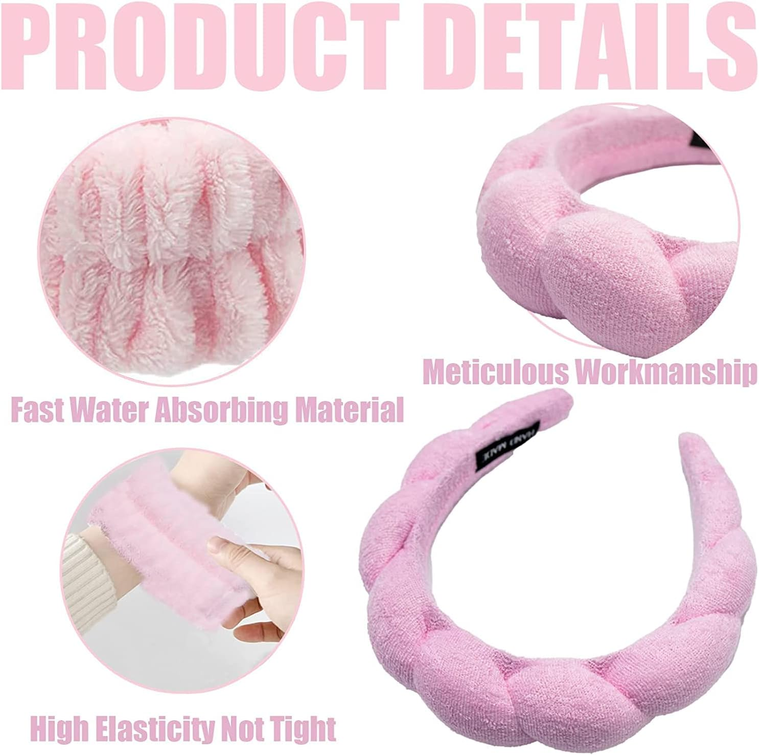 3 Piece Spa Headband Wrist Wash Band Set, Makeup Headband and Bracelet for Face Washing, Skin Care, Microfibre Wrist Towel Band, Hair Bands, Hair Accessories for Women, Girls (Pink) - Pink image number 3