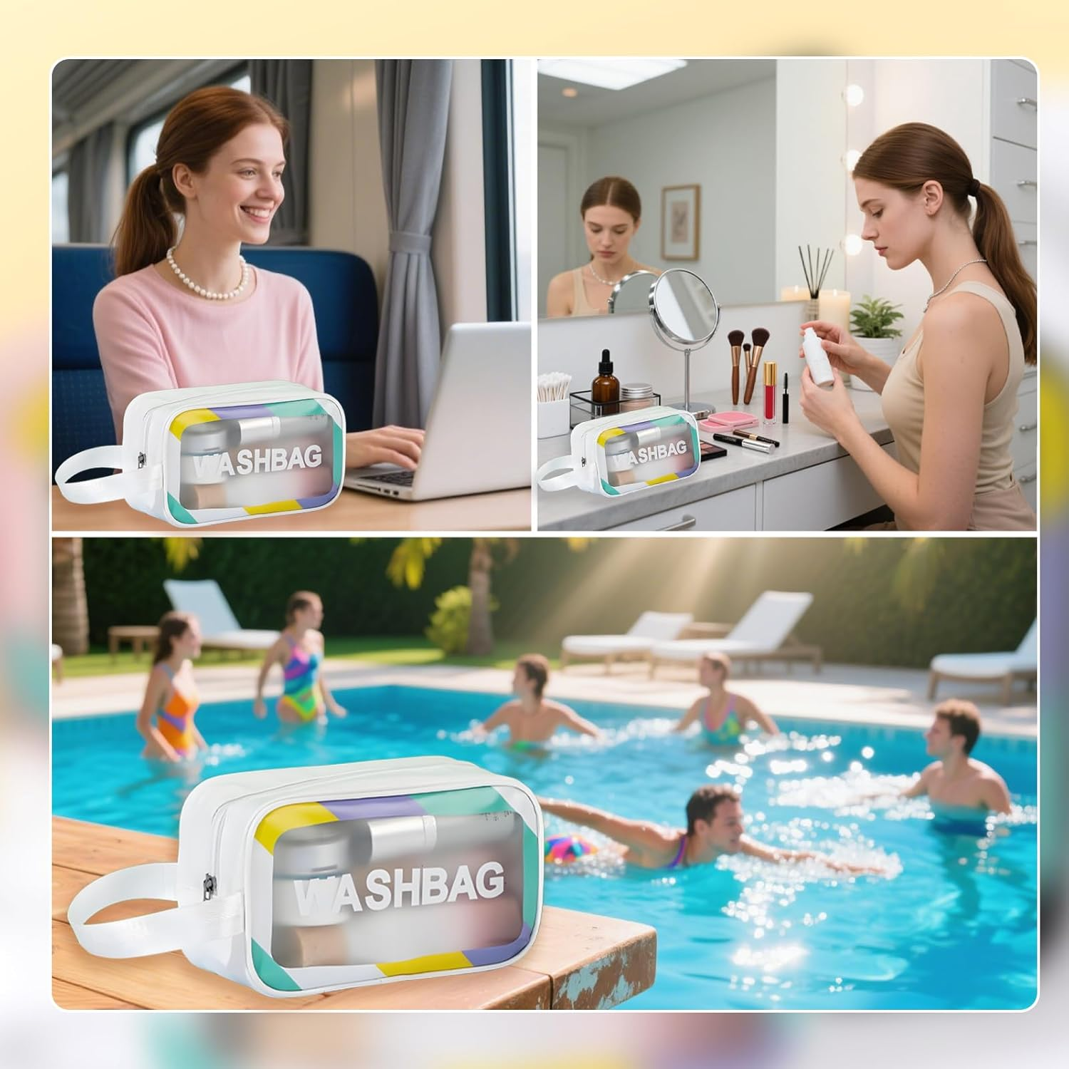 Waytiffer Travel Toiletry Bag for Women and Men（22 X 13.5 X 7Cm）, Translucent Waterproof Toiletry Travel Bag with Handle, Small Makeup Organizer, Cosmetic Bathroom Bag for Travel, Gym Shower (White) - Pink image number 2